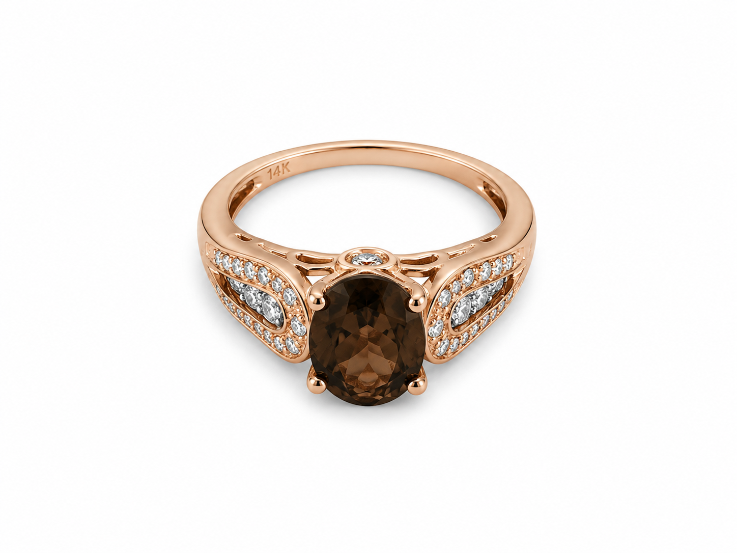 14KT Rose Gold 0.25 CTW 1.30 STW Smokey Quartz Diamond Ring [K15H]