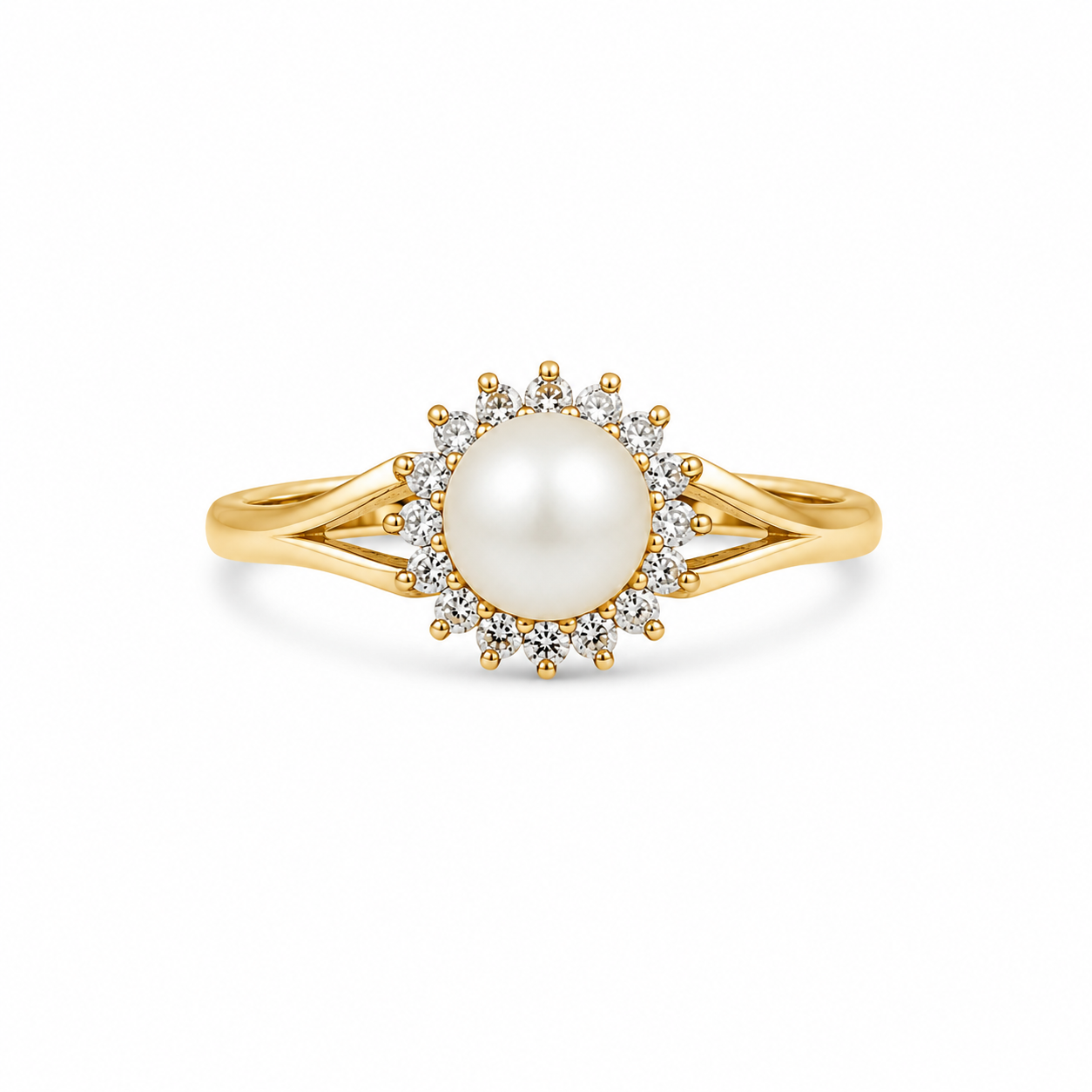 14KT Yellow Gold 0.05 CTW 6.7 MM Pearl Diamond Ring [K9H50]