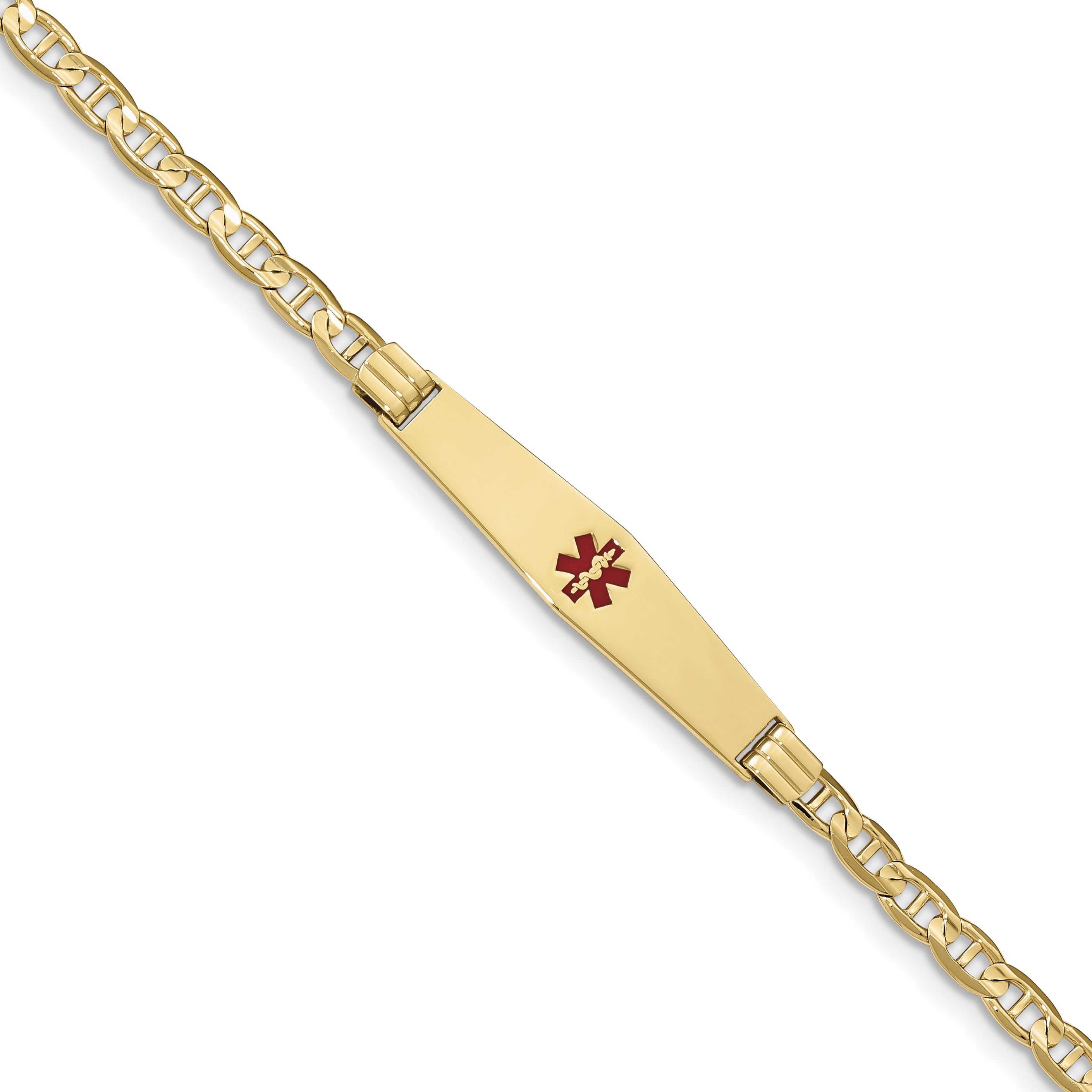 14K Medical Soft Diamond Shape Red Enamel Anchor Link Id Bracelet