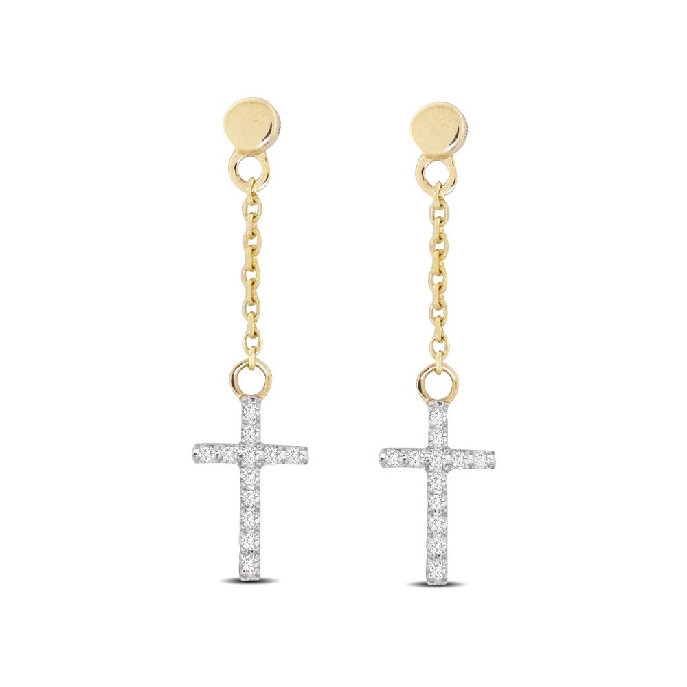 10K Yellow Gold 1/20 Ct.Tw.Diamond Cross Dangler Earrings