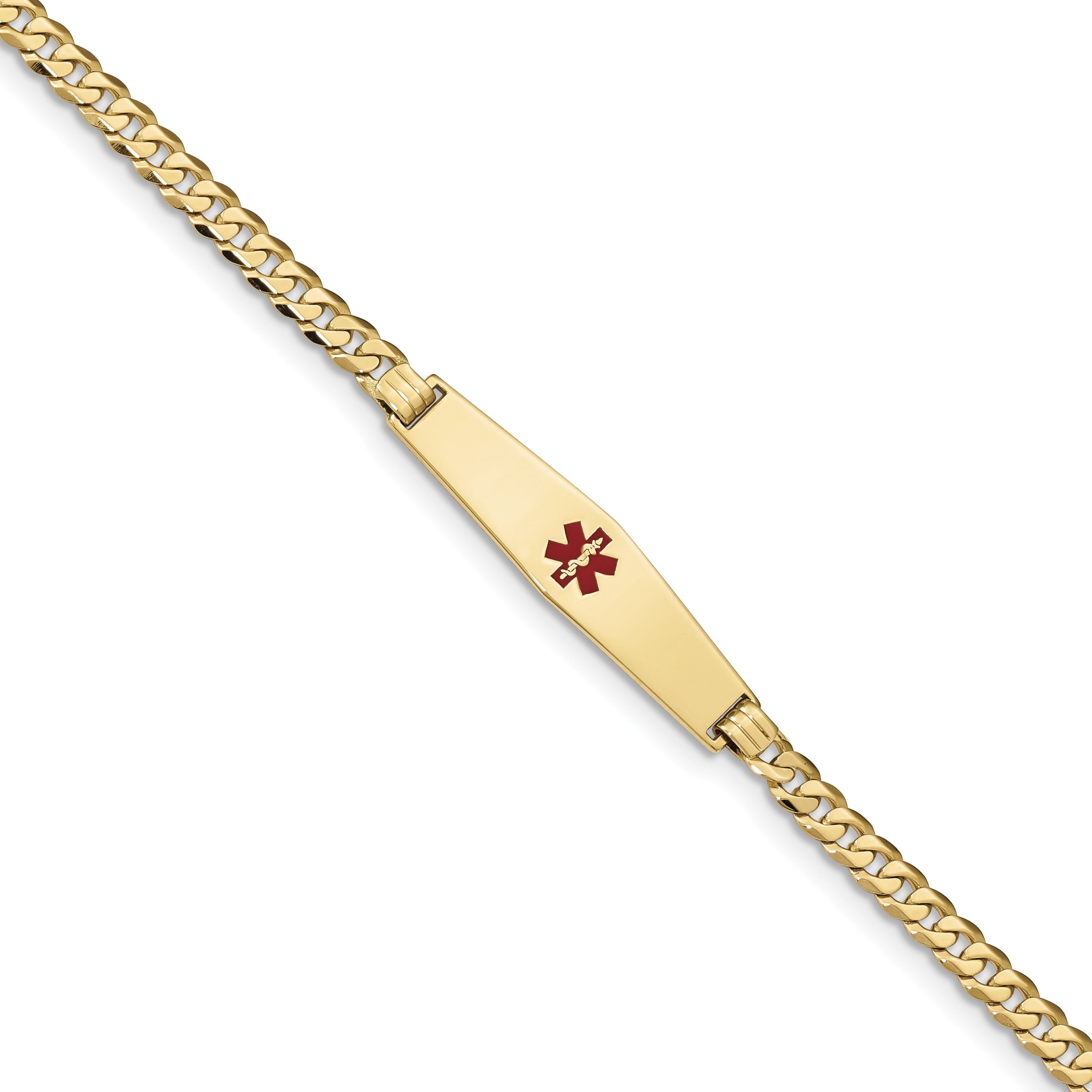 14K Medical Soft Diamond Shape Red Enamel Flat Curb Link Id Bracelet