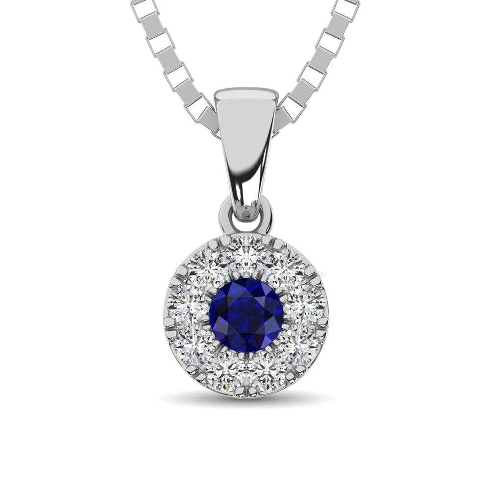 14K White Gold Diamond 1/4 Ct.Tw. And Blue Sapphire Pendant