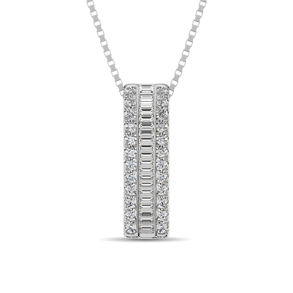 14K White Gold Round And Baguette Diamond 1/3 Ct.Tw. Drop Bar Pendant