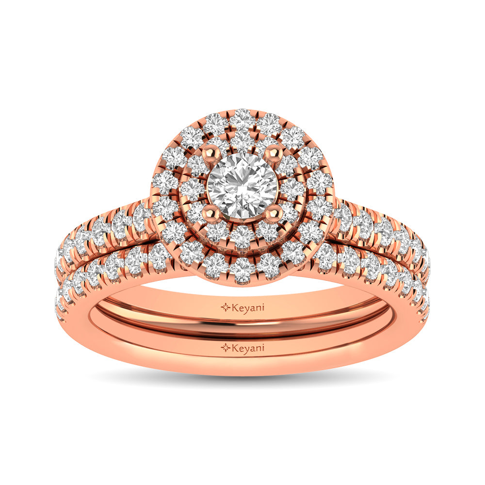 Diamond Classic Shank Double Halo Bridal Ring 1 Ct Tw Round Cut In 14K Rose Gold