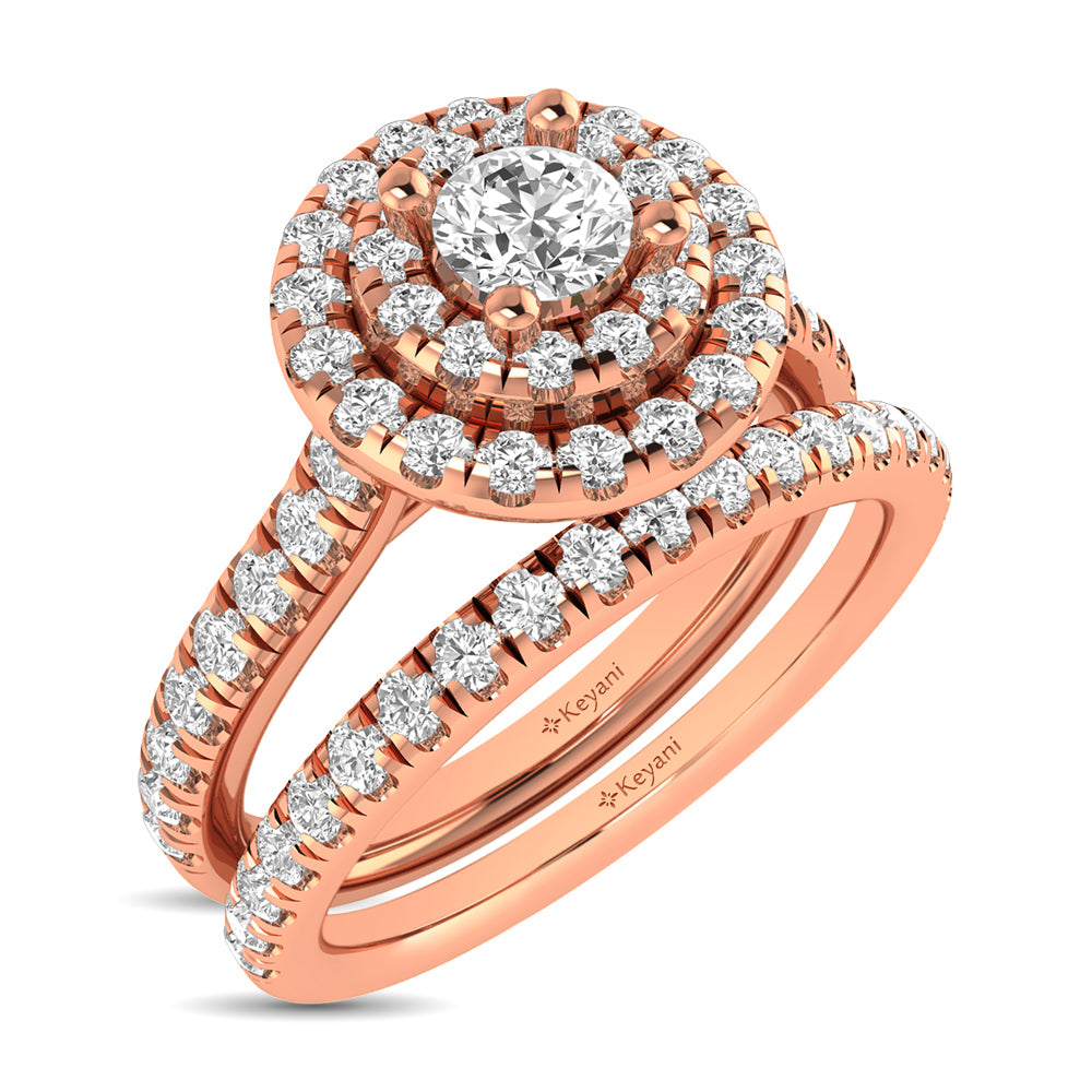 Diamond Classic Shank Double Halo Bridal Ring 1 Ct Tw Round Cut In 14K Rose Gold