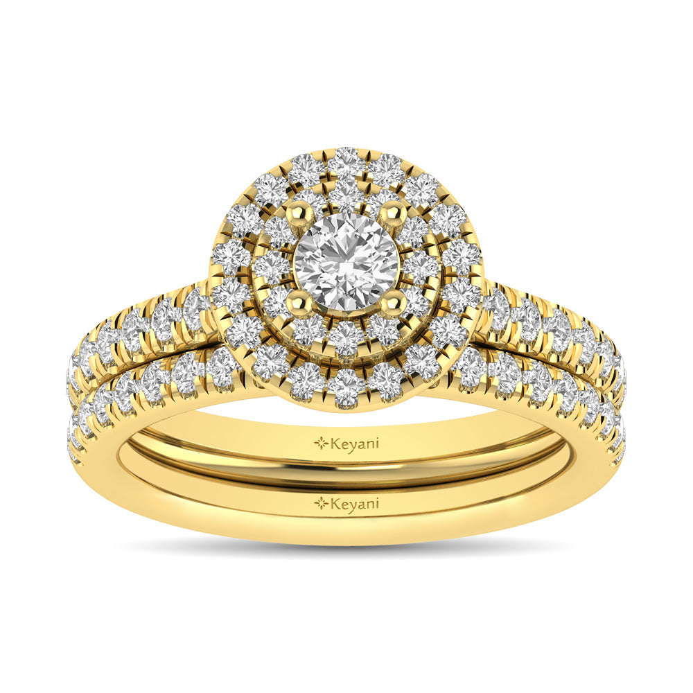 Diamond Classic Shank Double Halo Bridal Ring 1 Ct Tw Round Cut In 14K Yellow Gold