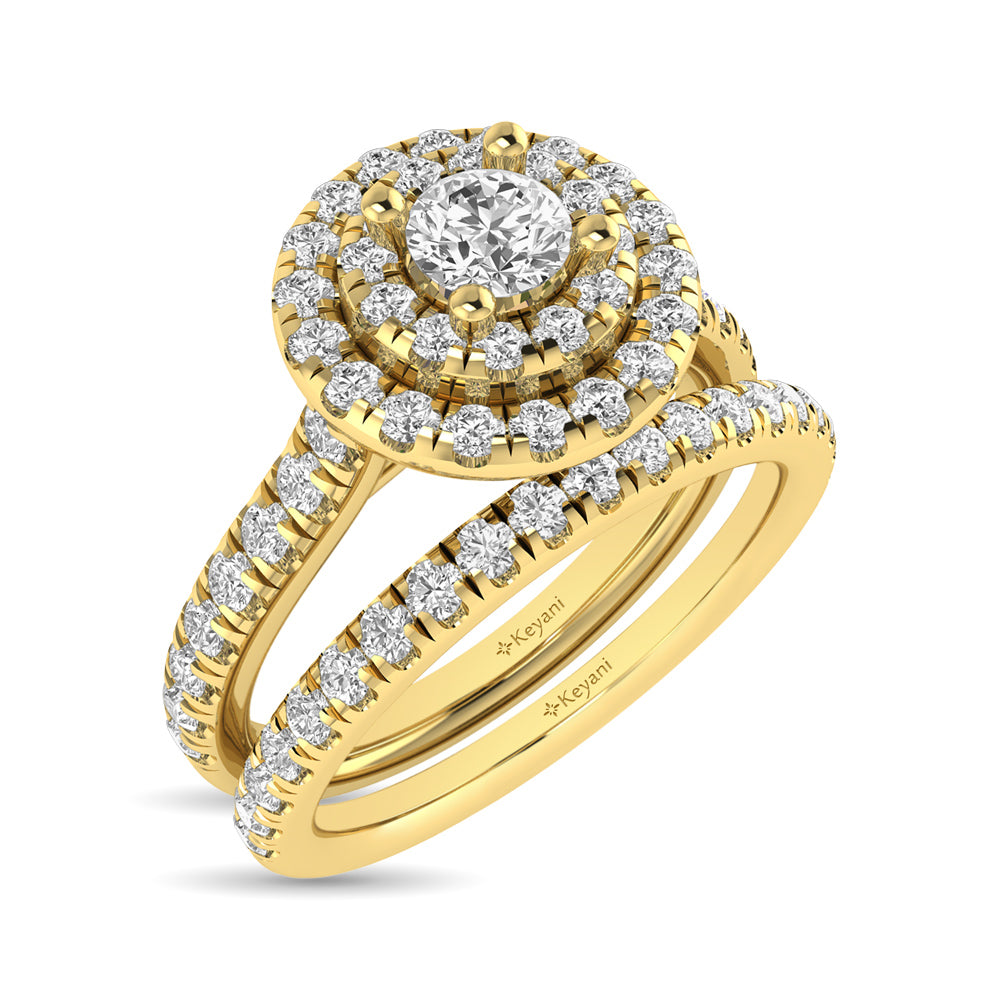 Diamond Classic Shank Double Halo Bridal Ring 1 Ct Tw Round Cut In 14K Yellow Gold