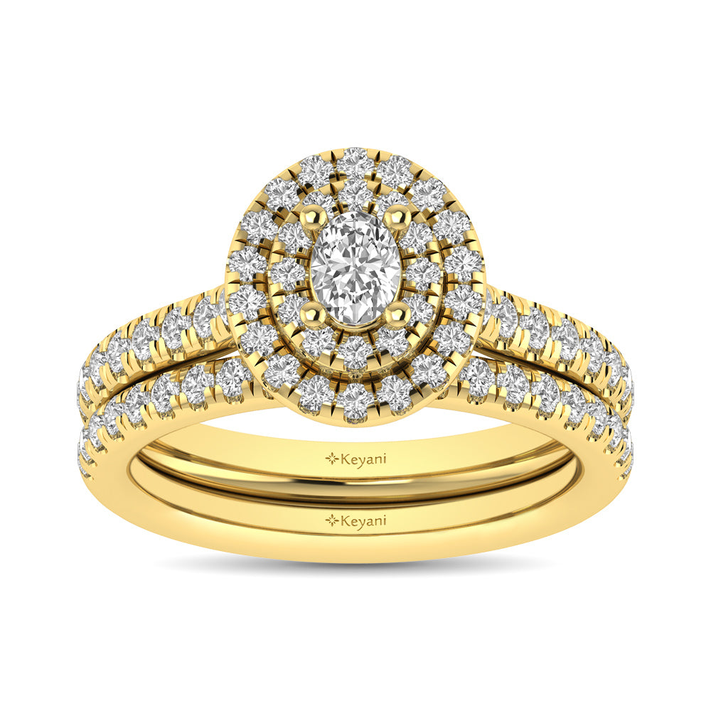 Diamond Classic Shank Double Halo Bridal Ring 1 Ct Tw Oval Cut In 14K Yellow Gold