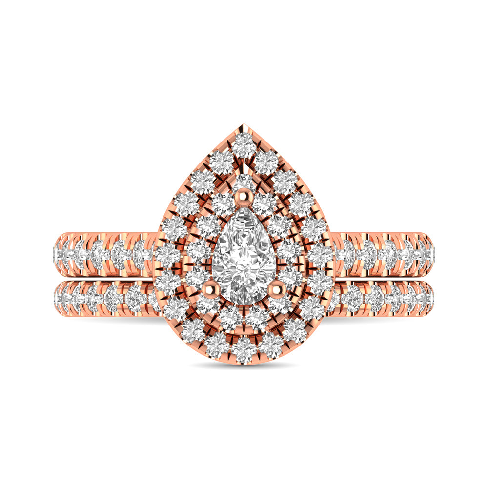 Diamond Classic Shank Double Halo Bridal Ring 1 Ct Tw Pear Cut In 14K Rose Gold