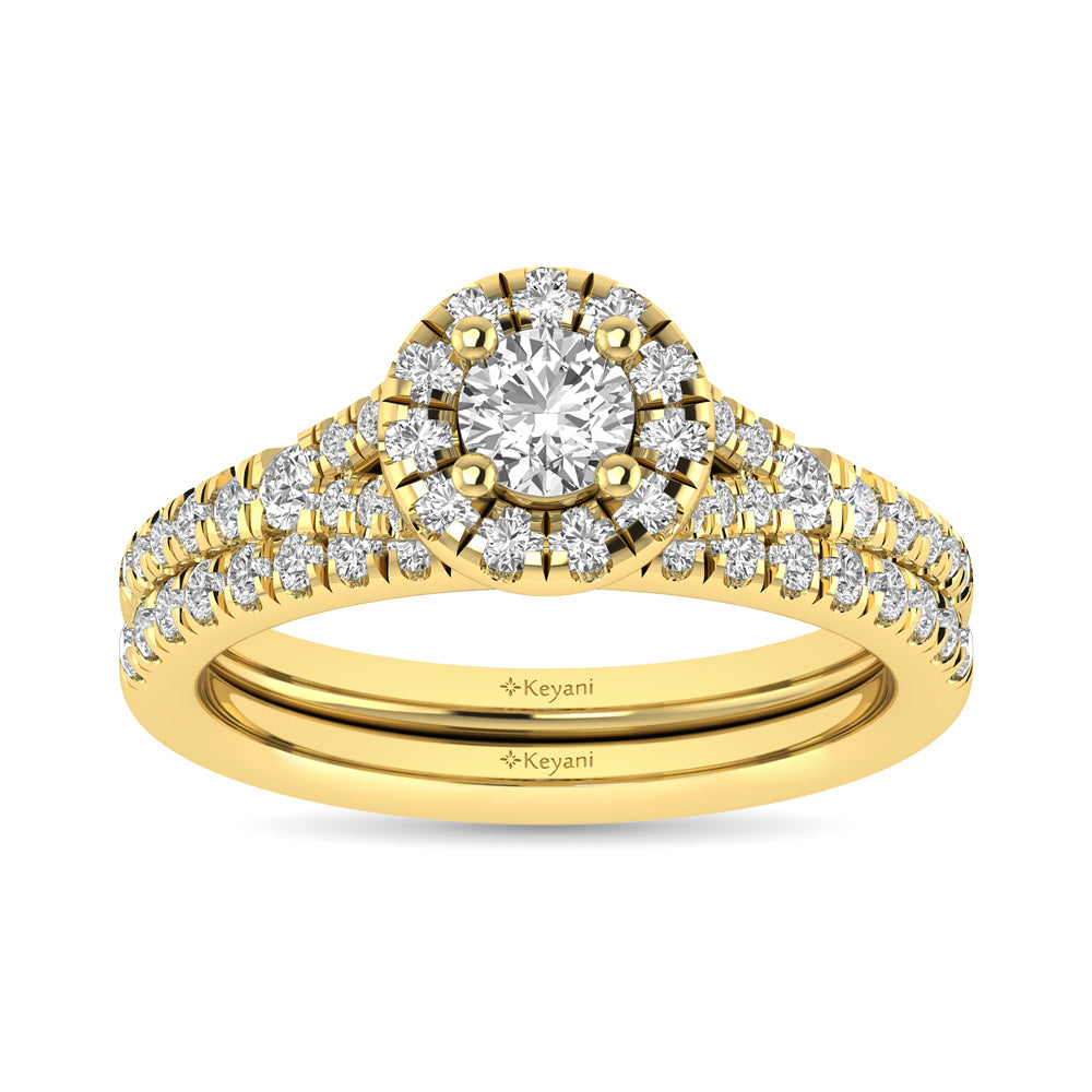 Diamond  Split Shank Single Halo Bridal Ring 1 Ct Tw Round Cut In 14K Yellow Gold