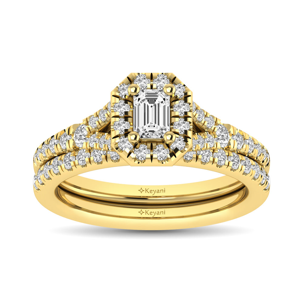 Diamond  Split Shank Single Halo Bridal Ring 1 Ct Tw Emerald Cut In 14K Yellow Gold