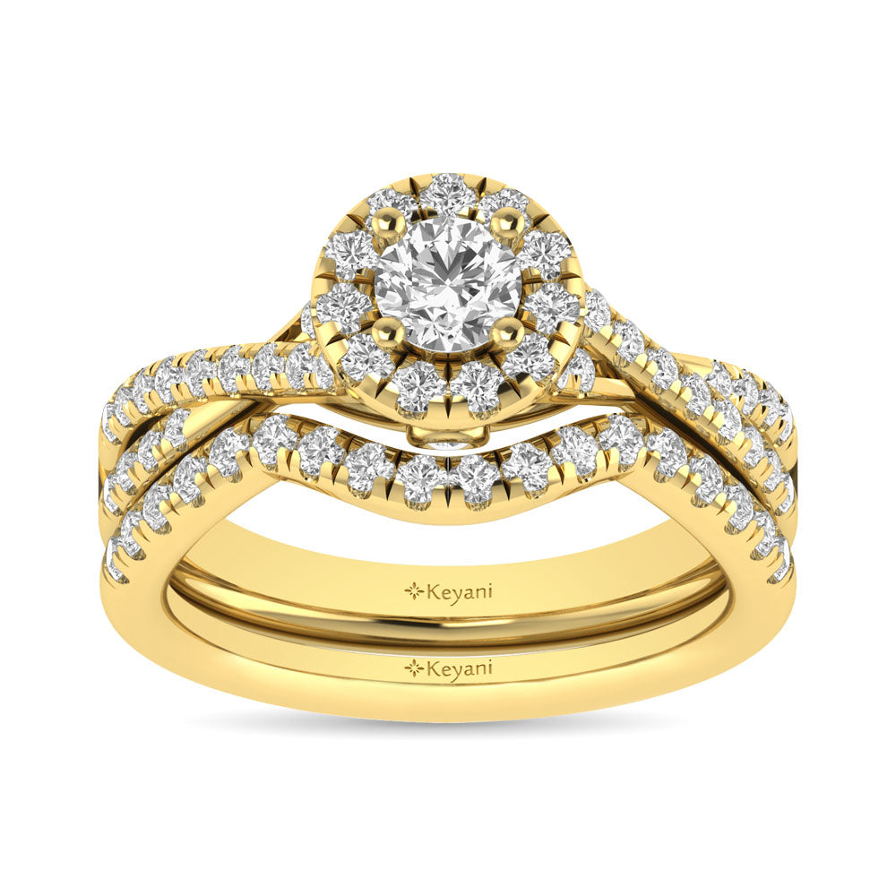 Diamond  Twist Shank Single Halo Bridal Ring 1 Ct Tw Round Cut In 14K Yellow Gold