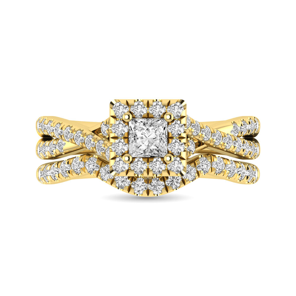 Diamond  Twist Shank Single Halo Bridal Ring 1 Ct Tw Princess Cut In 14K Yellow Gold