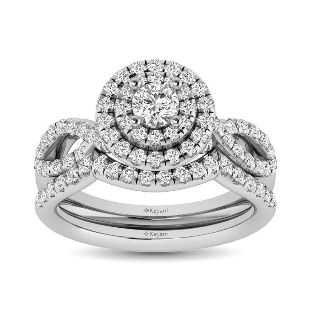Diamond Twist Shank Double Halo Bridal Ring 3/4 Ct Tw Round Cut In 14K White Gold