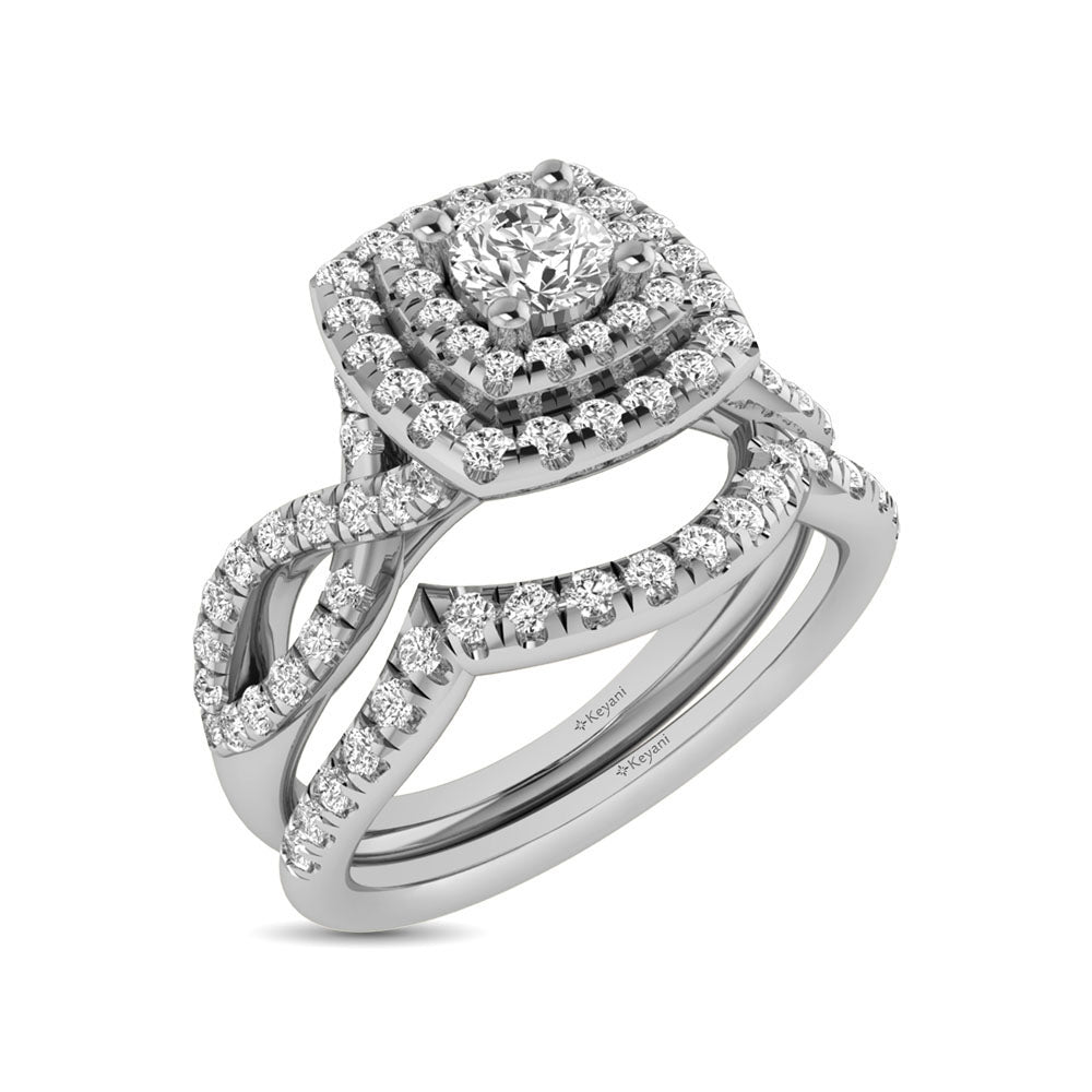 Diamond Twist Shank Double Halo Bridal Ring 3/4 Ct Tw Round Cut In 14K White Gold