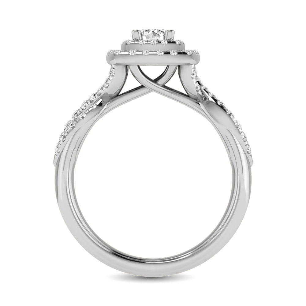 Diamond Twist Shank Double Halo Bridal Ring 3/4 Ct Tw Round Cut In 14K White Gold