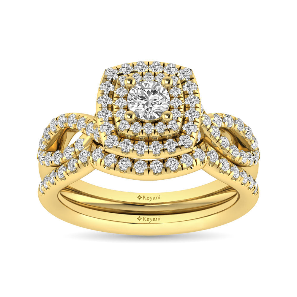 Diamond  Twist Shank Double Halo Bridal Ring 3/4 Ct Tw Round Cut In 14K Yellow Gold