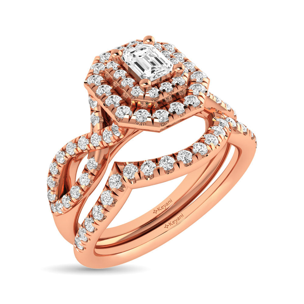 Diamond  Twist Shank Double Halo Bridal Ring 3/4 Ct Tw Emerald Cut In 14K Rose Gold
