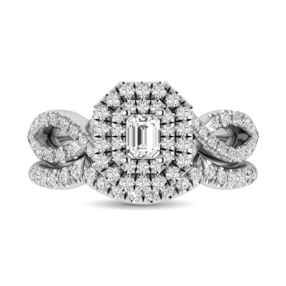 Diamond Twist Shank Double Halo Bridal Ring 3/4 Ct Tw Emerald Cut In 14K White Gold