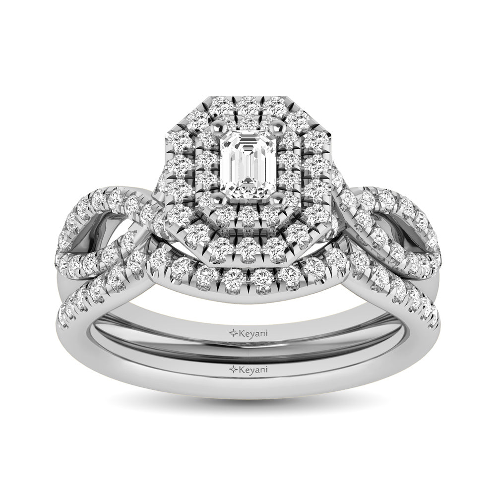 Diamond Twist Shank Double Halo Bridal Ring 3/4 Ct Tw Emerald Cut In 14K White Gold