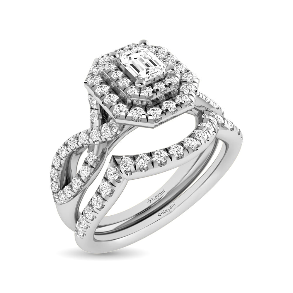 Diamond Twist Shank Double Halo Bridal Ring 3/4 Ct Tw Emerald Cut In 14K White Gold