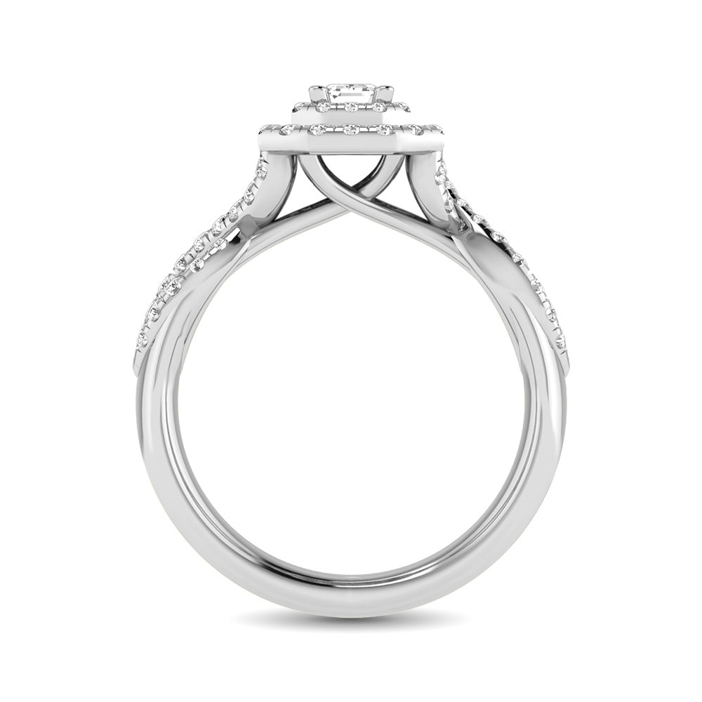 Diamond Twist Shank Double Halo Bridal Ring 3/4 Ct Tw Emerald Cut In 14K White Gold
