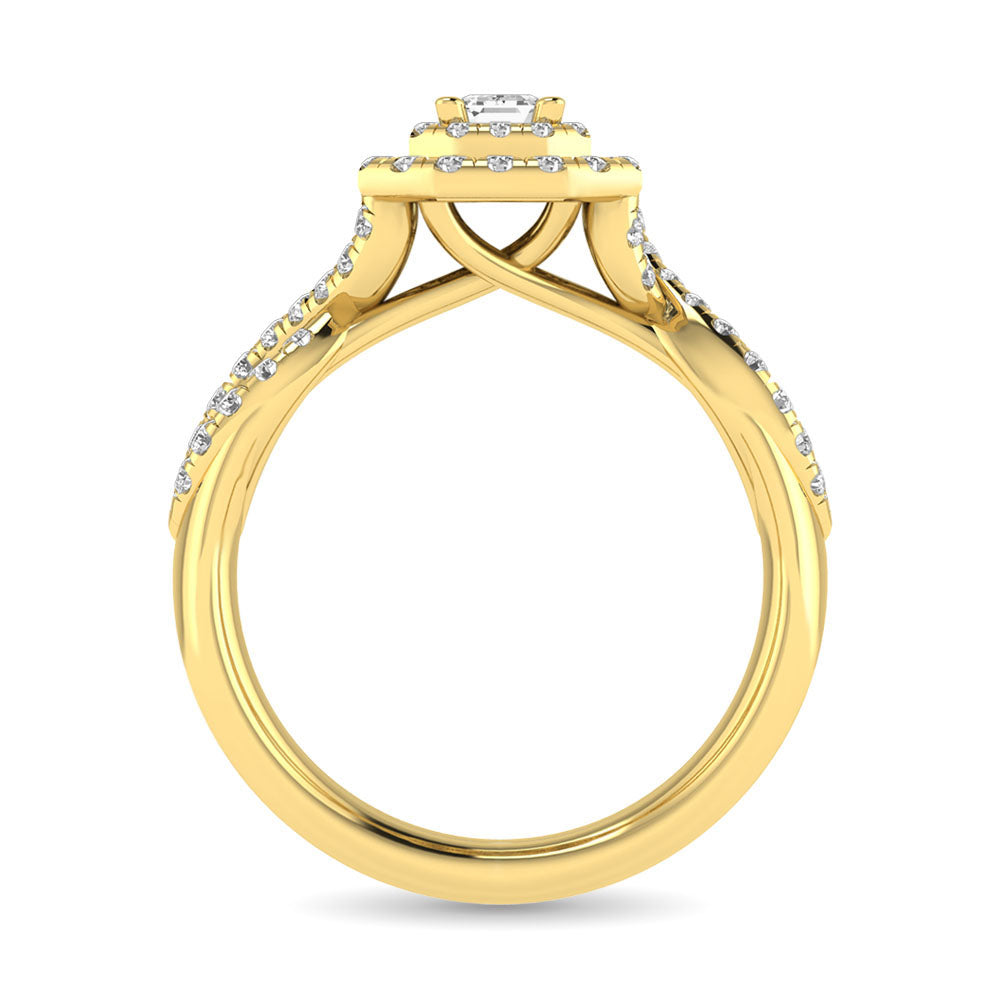 Diamond  Twist Shank Double Halo Bridal Ring 3/4 Ct Tw Emerald Cut In 14K Yellow Gold