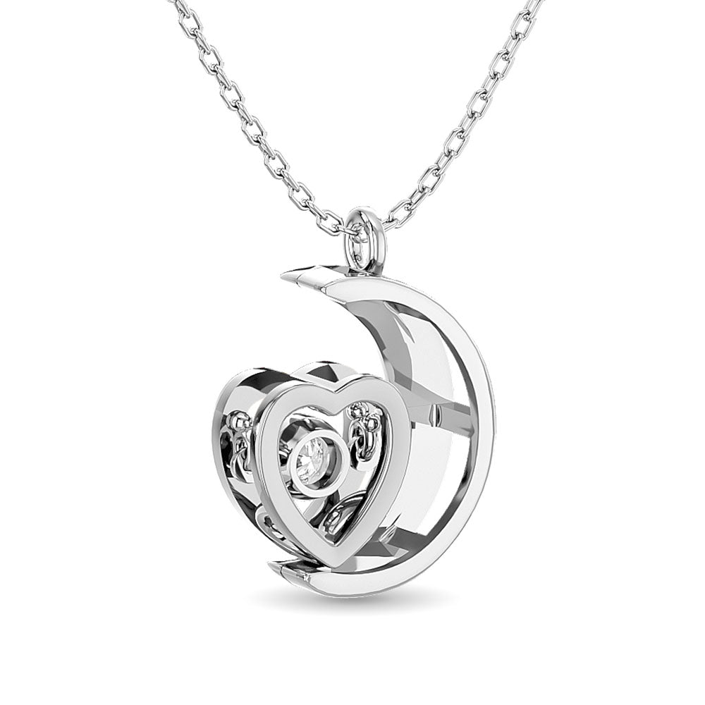 Diamond Shimmering Moon And Heart Pendant 1/20 Ct Tw In Sterling Silver