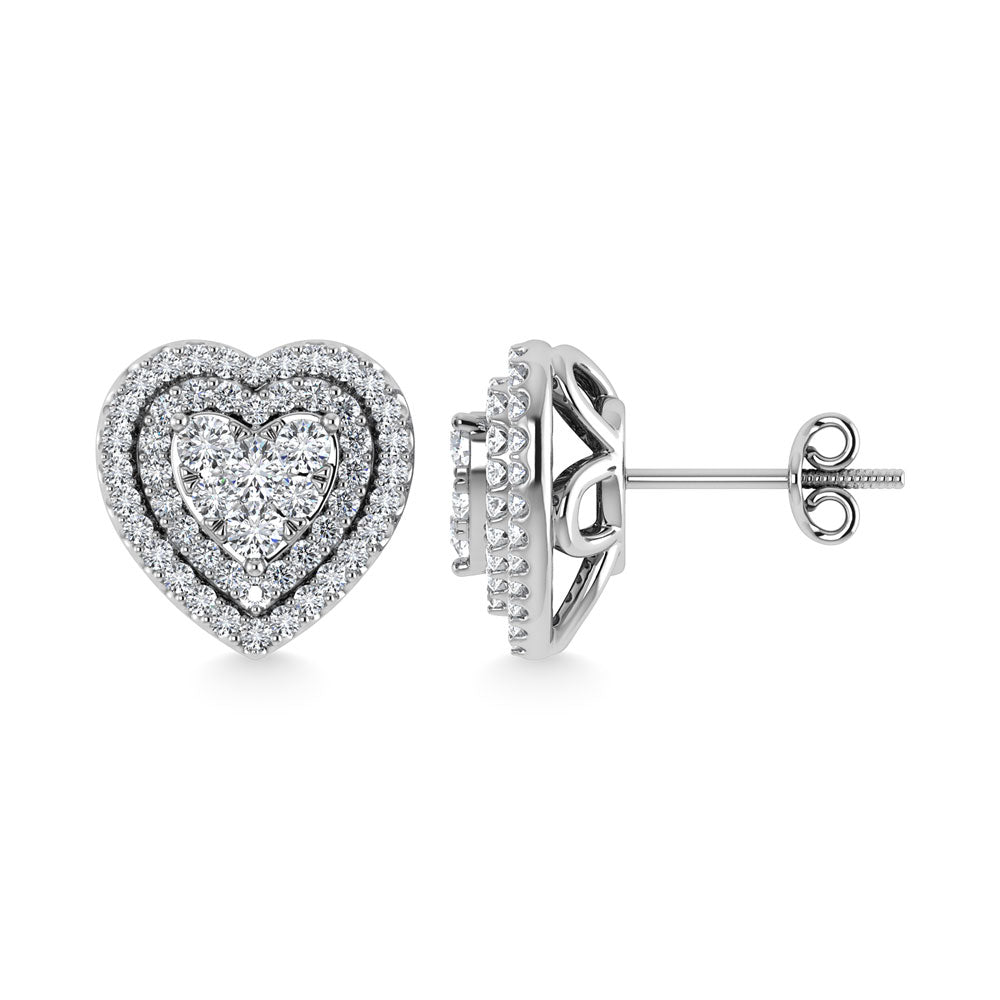 Diamond 7/8 Ct.Tw. Heart Shape Cluster Earrings In 10K White Gold