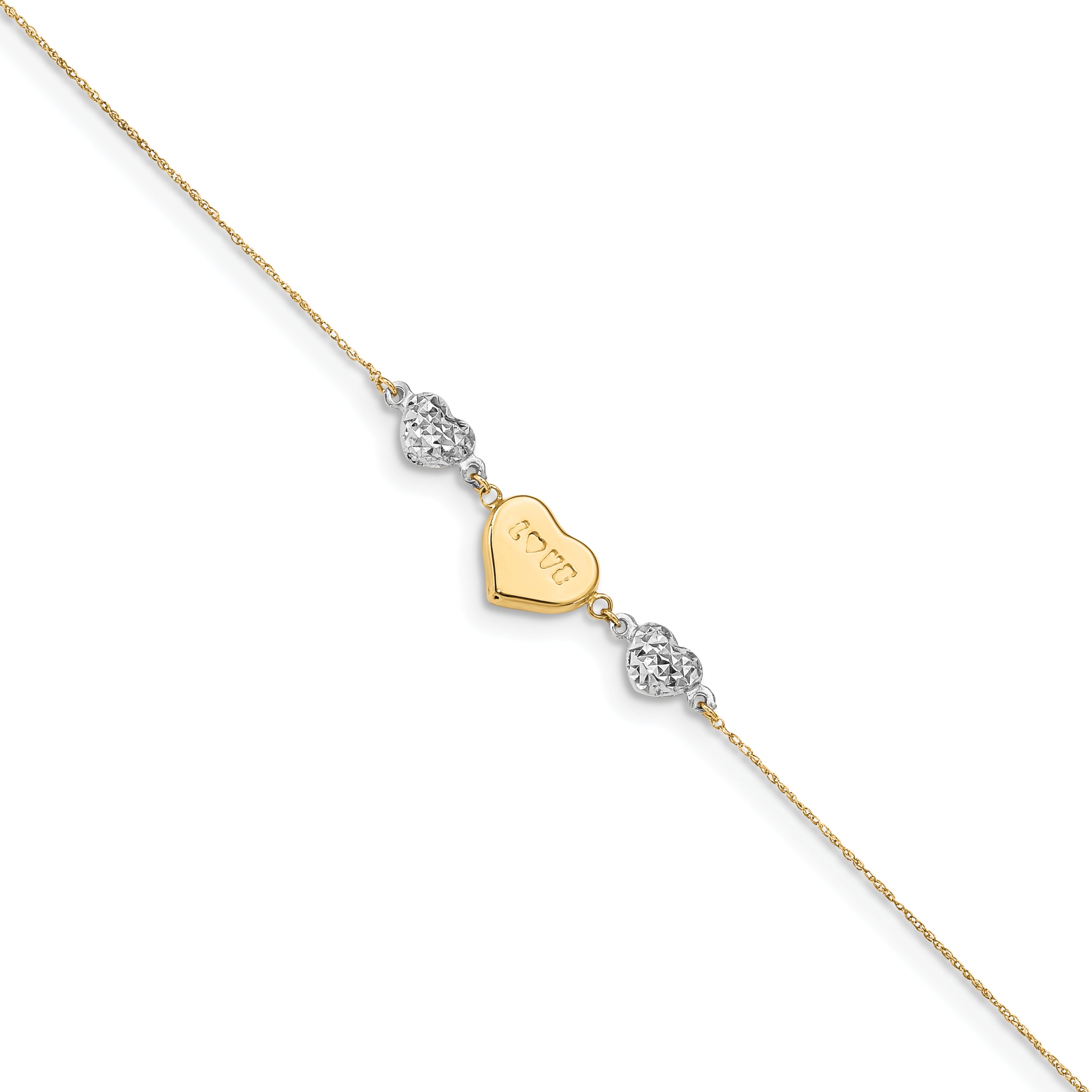 14K Two Tone Puffed Love Heart & D/C Hearts Bracelet