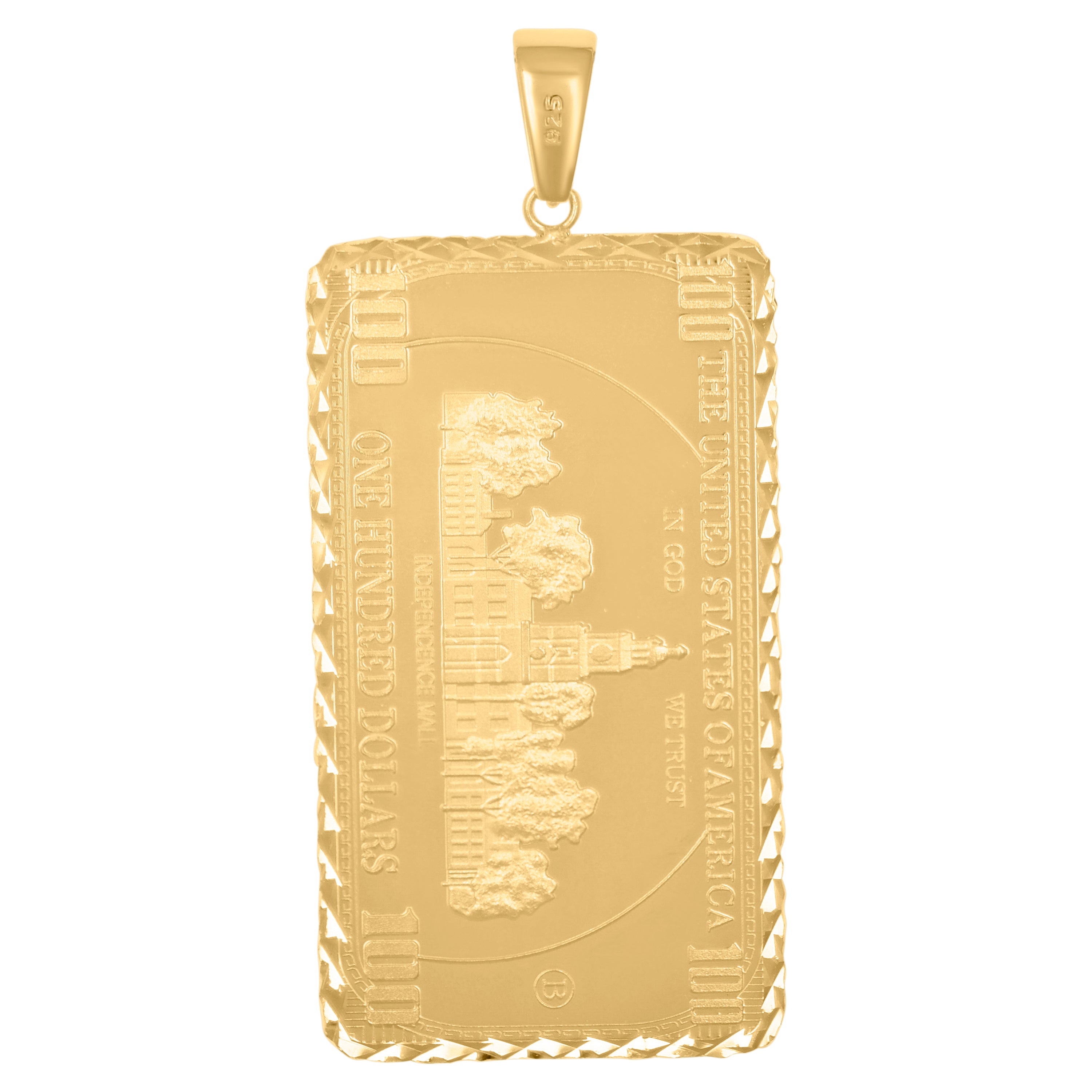 925 Sterling Silver Yellow-tone Mens Cubic-Zirconia 100 Dollar Bill Currency Fashion Charm Pendant