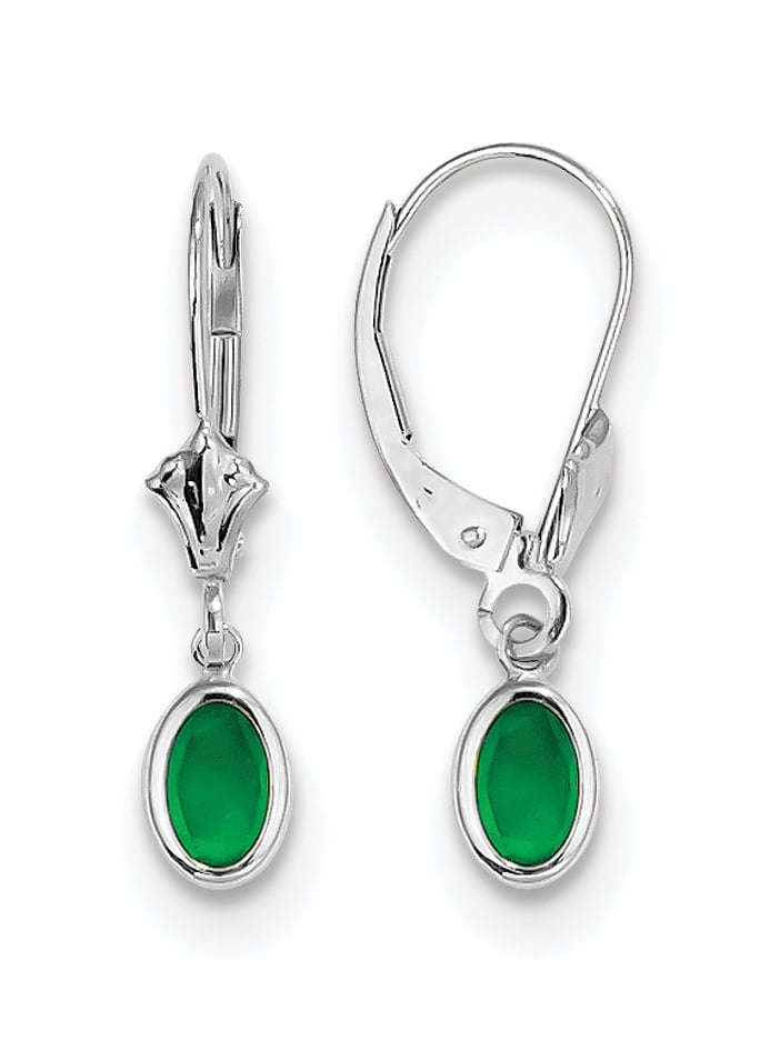14K White Gold 6X4 Oval Bezel May/Emerald Leverback Earrings