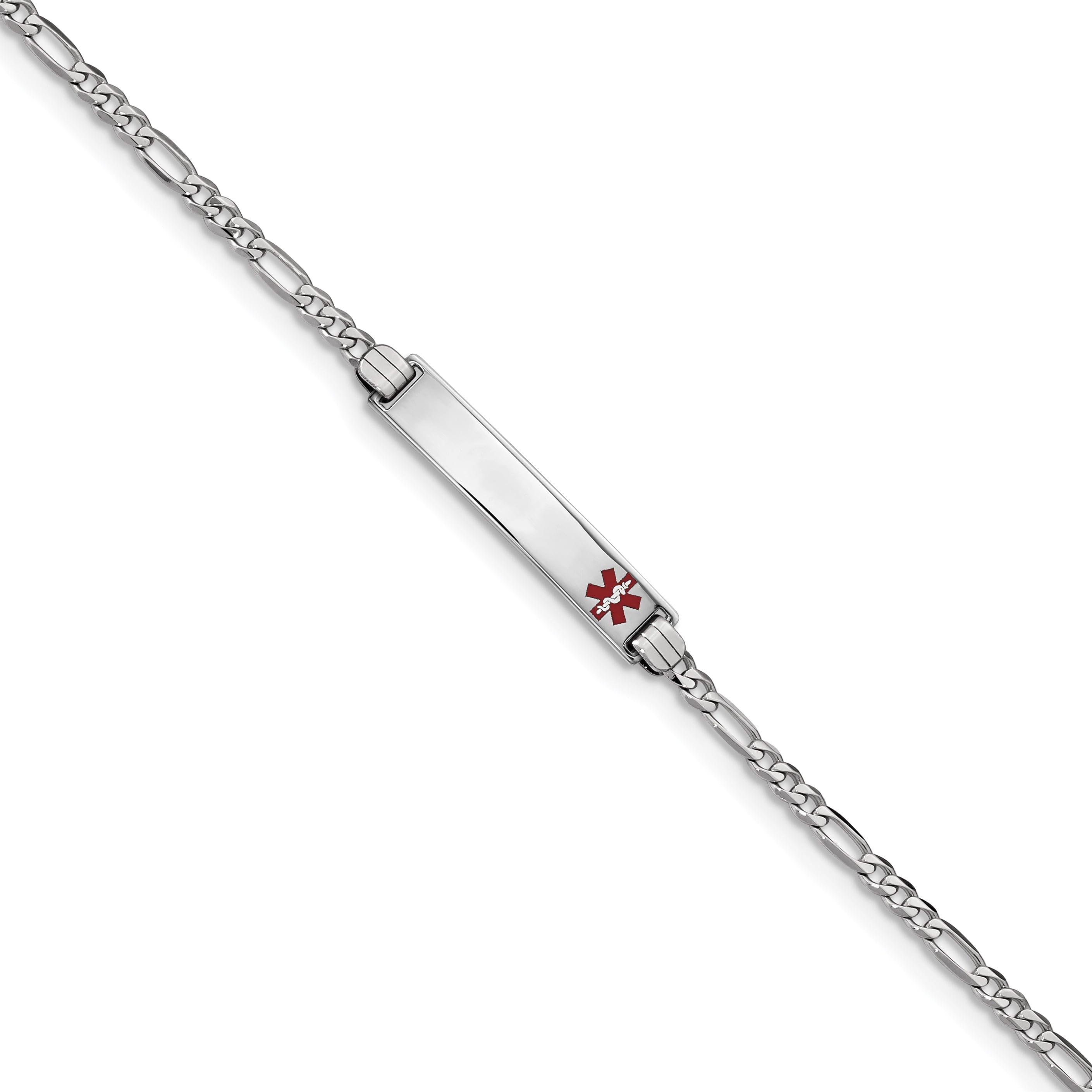 14K White Gold Medical Red Enamel Figaro Link Id Bracelet