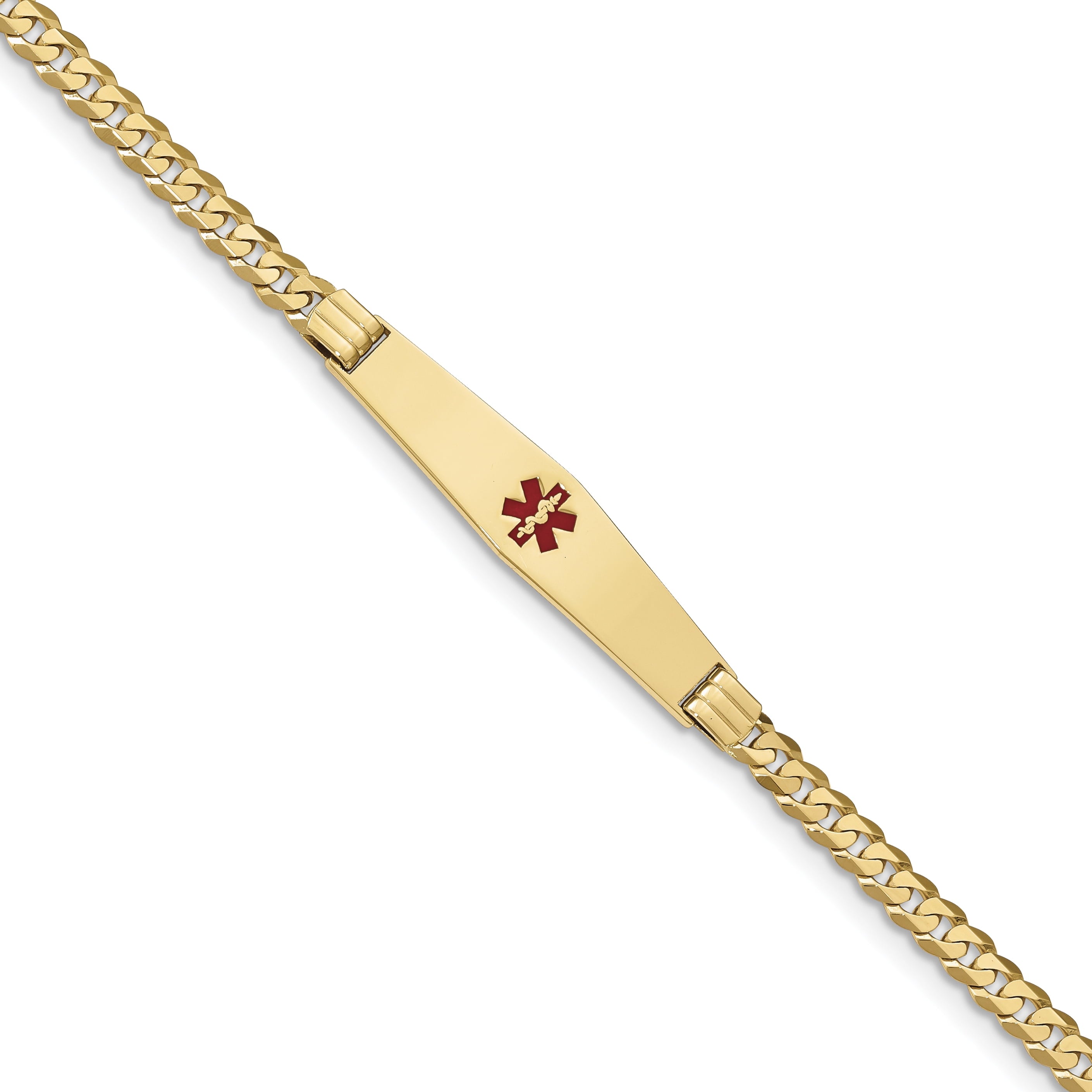14K Medical Soft Diamond Shape Red Enamel Curb Link Id Bracelet