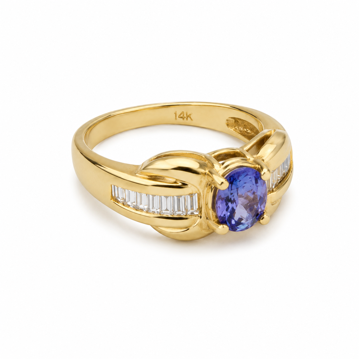 14KT Yellow Gold 0.25 CTW 0.80 STW Tanzanite Diamond Ring [K25H]