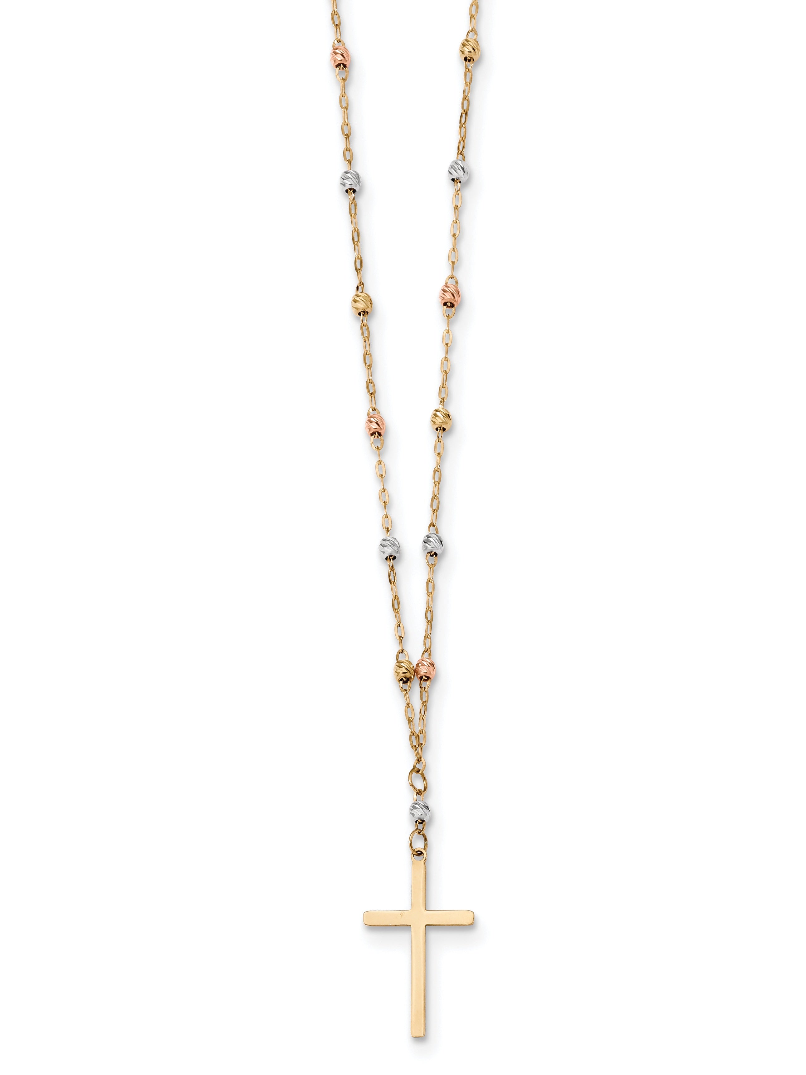 14K Tri-Color Diamond-Cut Beaded Polished Cross Necklace