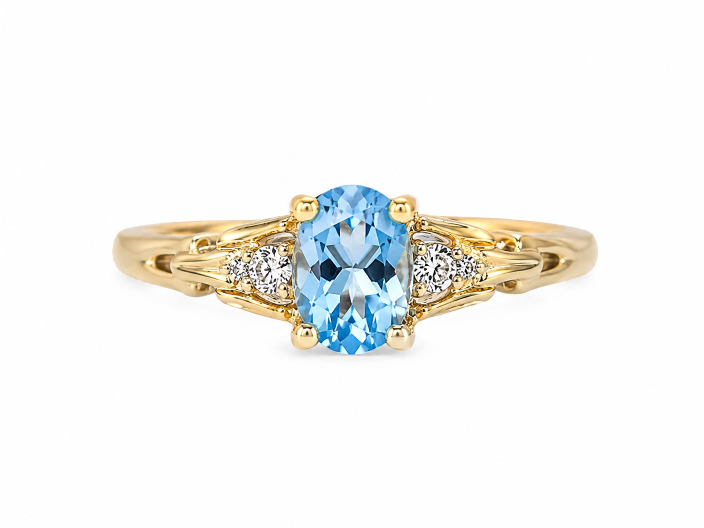 14KT Yellow Gold 0.02 CTW 0.30 STW Blue Topaz Diamond Ring [K8H]