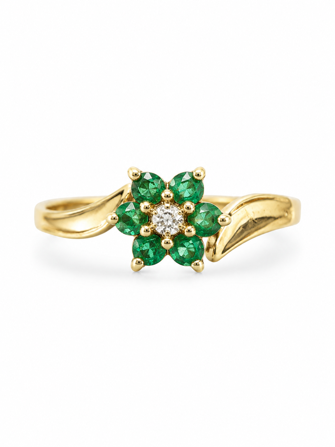 10KT Yellow Gold 0.01 CTW 0.10 STW Emerald Diamond Ring [K4H]