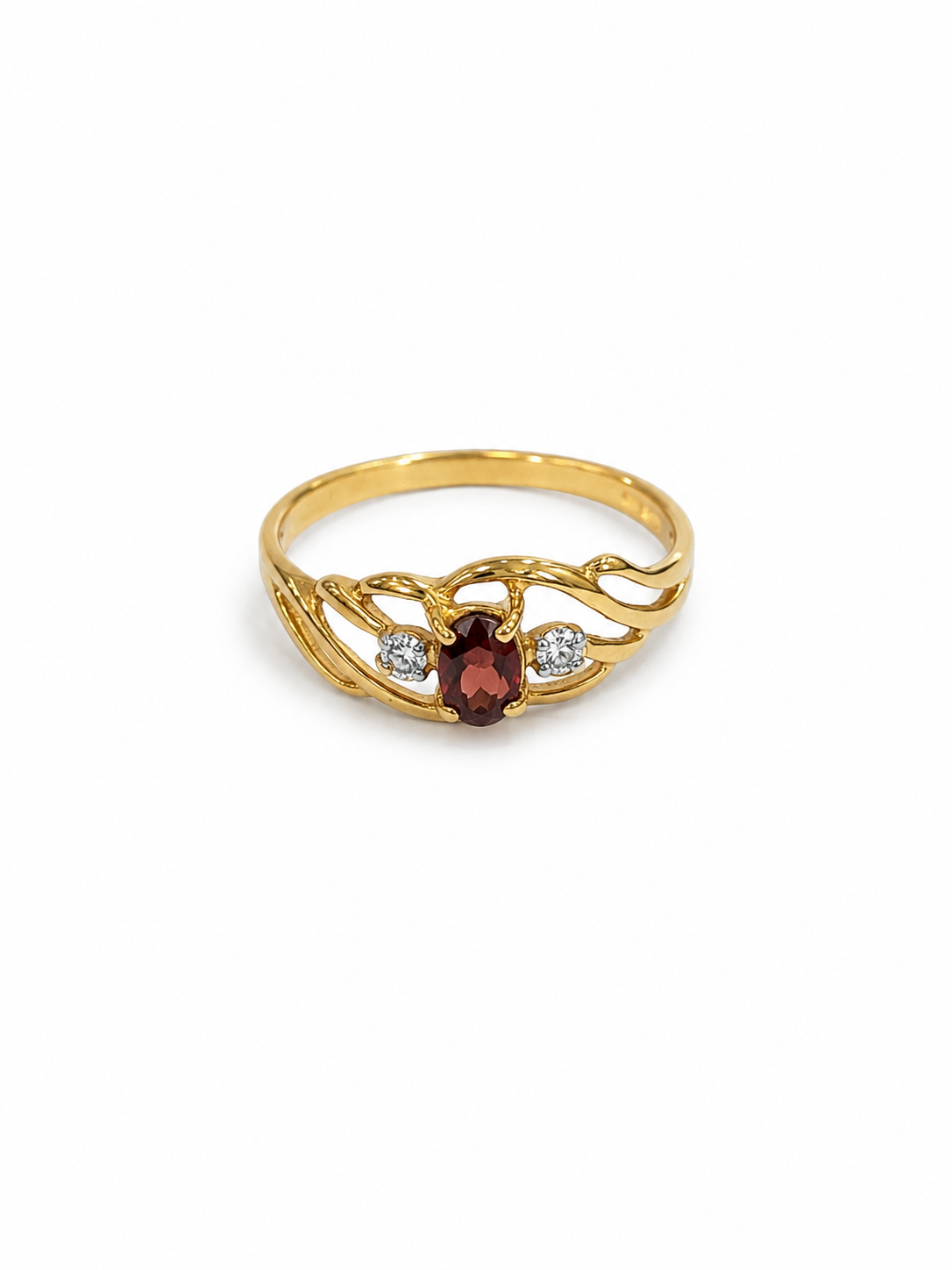 10KT Yellow Gold 0.02 CTW 0.34 STW Garnet Diamond Ring [K5H]
