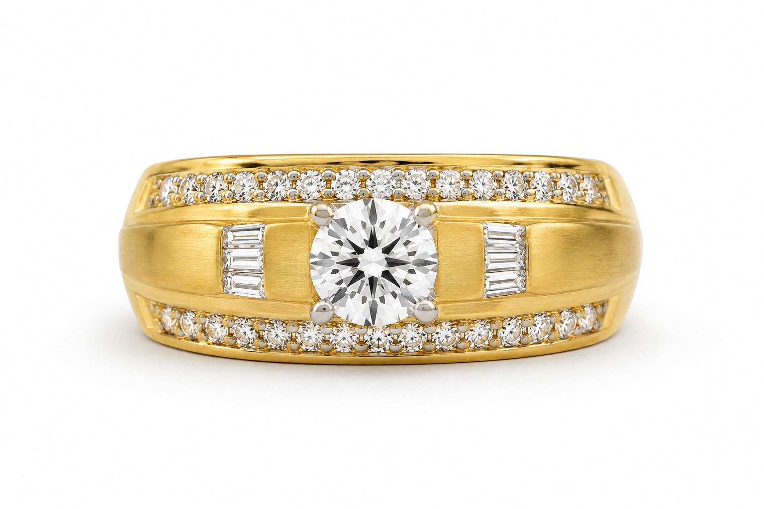 14KT Yellow Gold 0.75 CTW Round , Baguette Diamond Ring [K35H]
