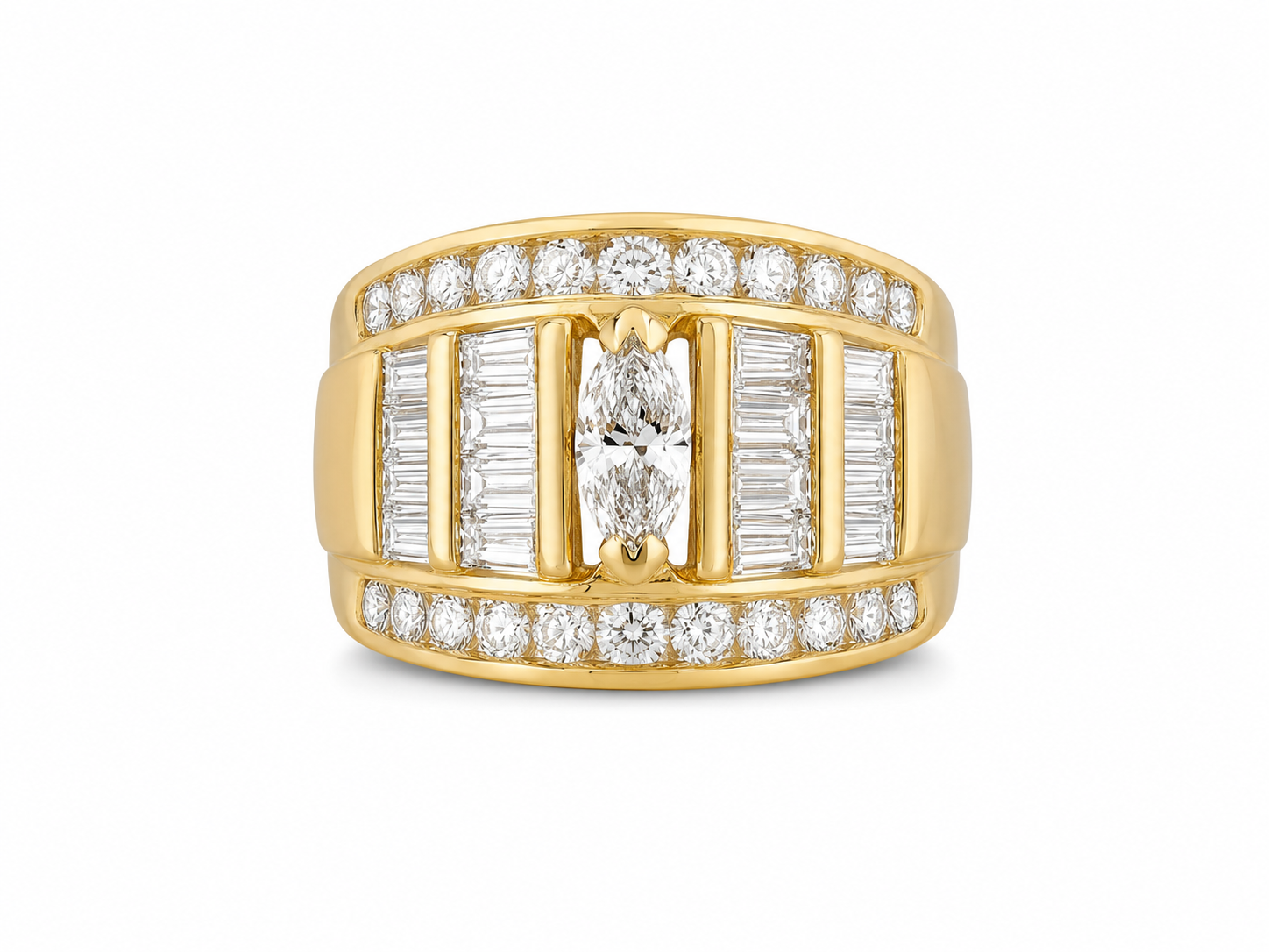 14KT Yellow Gold 2.00 CTW Marquise, Baguette, Round Diamond Ring [K65H]
