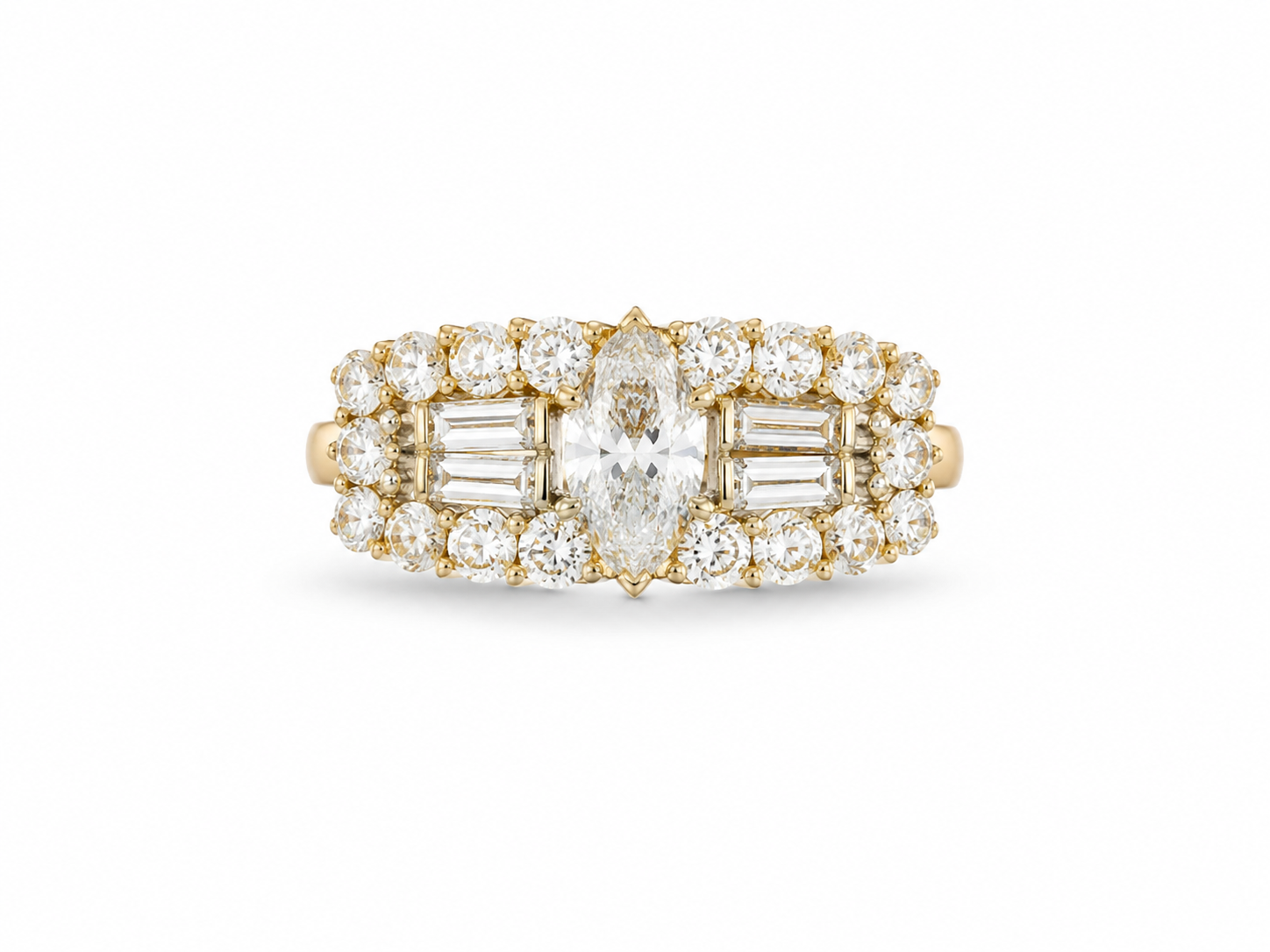 14KT Yellow Gold 2.40 CTW Marquise, Baguette, Round Diamond Ring [K13T]