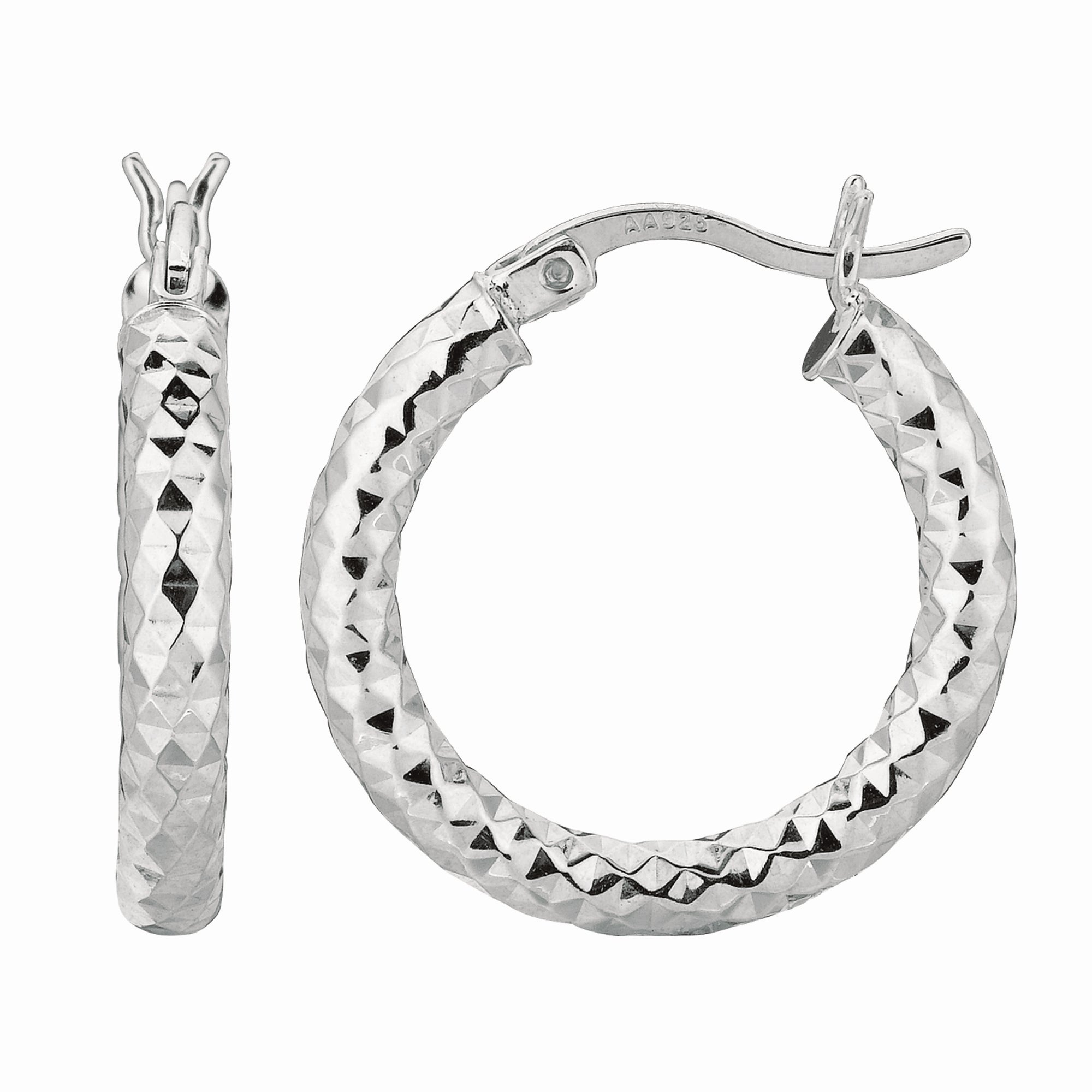 Sterling Silver 3X15Mm Diamond Cut Hoop Earring