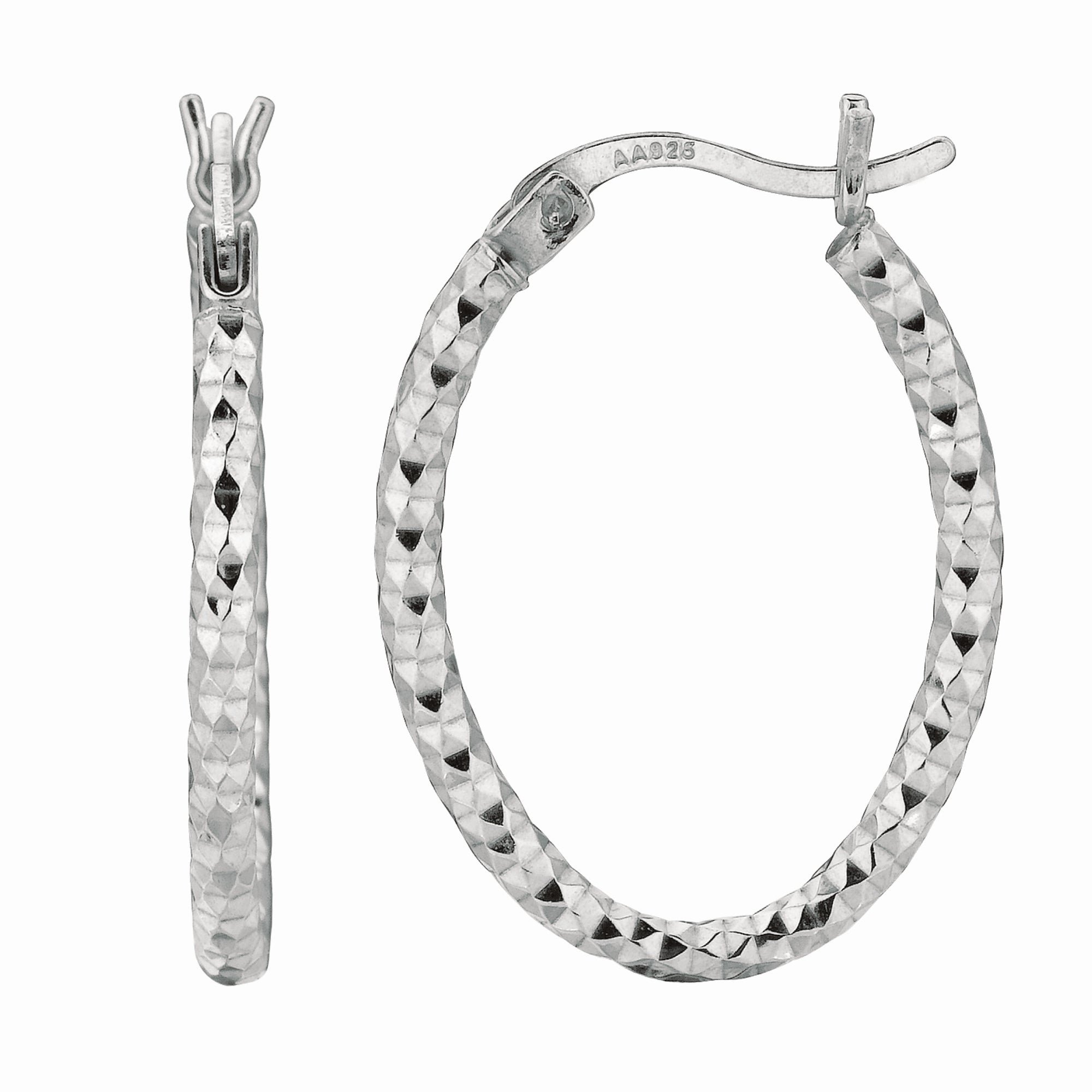 Sterling Silver 2X15Mm Diamond Cut Oval Hoop Earring