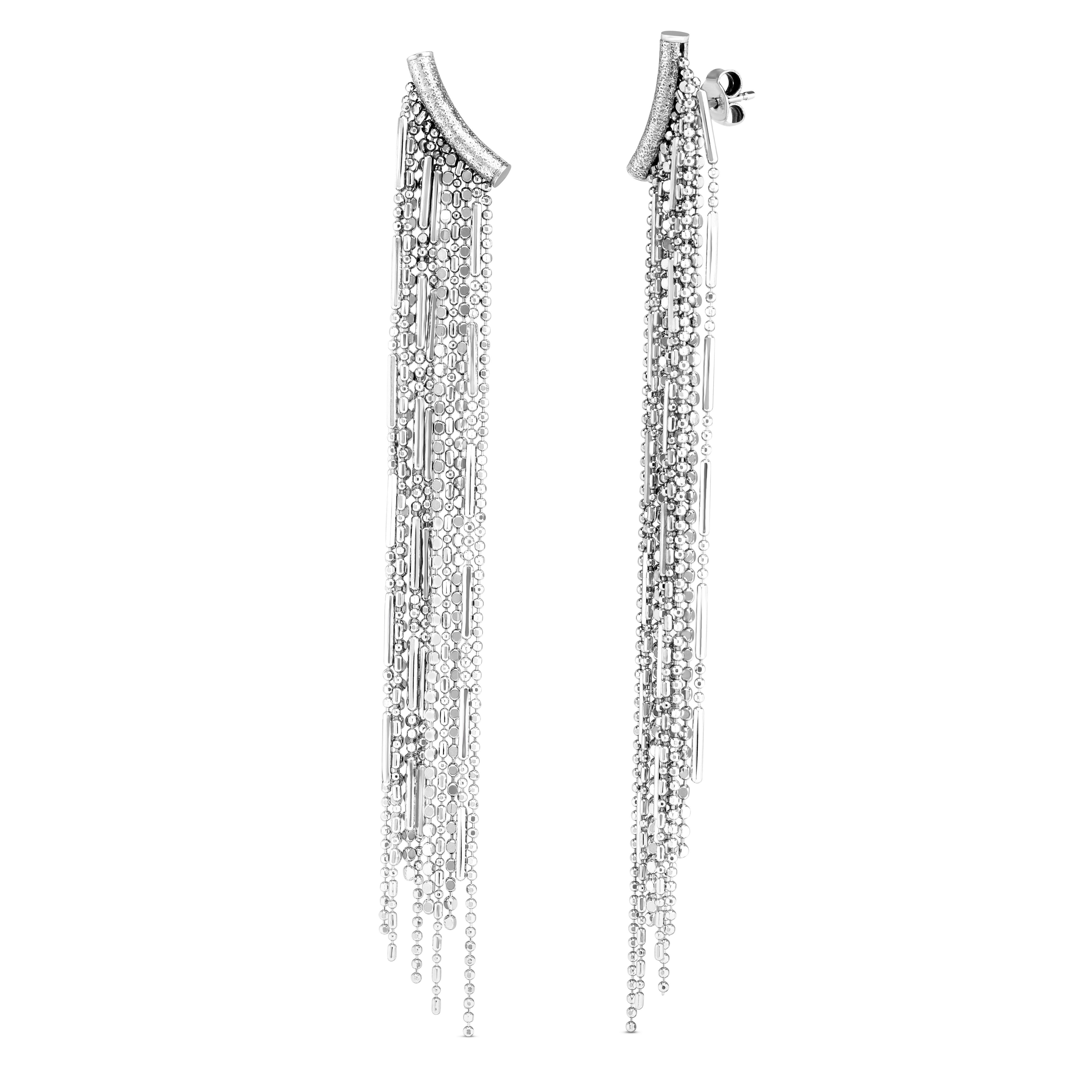 Silver Curved Bar Shoulder Duster Fringe Dangle Earrings