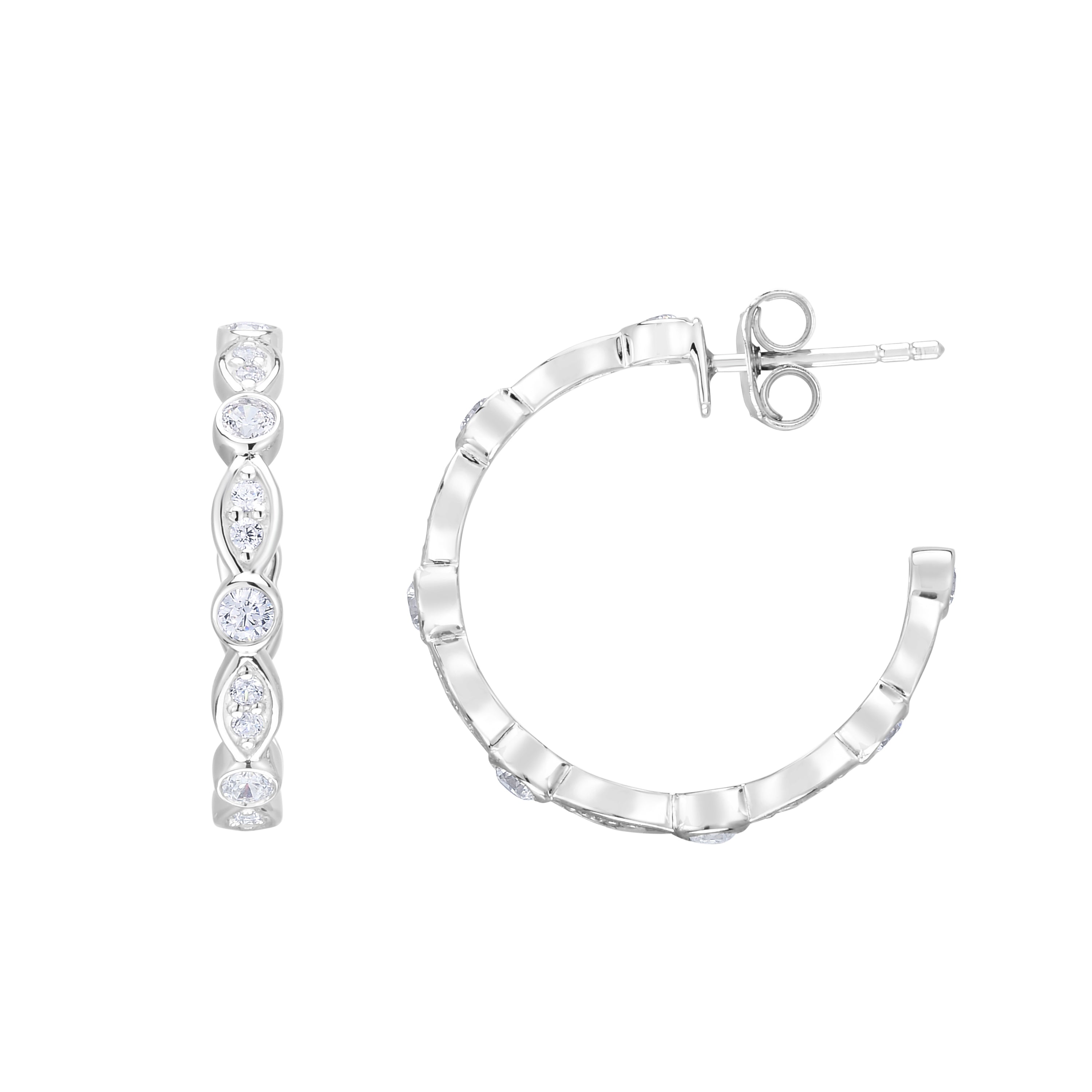 Sterling Silver 20X3Mm Marquise & Round Cz C Hoop Earring With Push Back Clasp