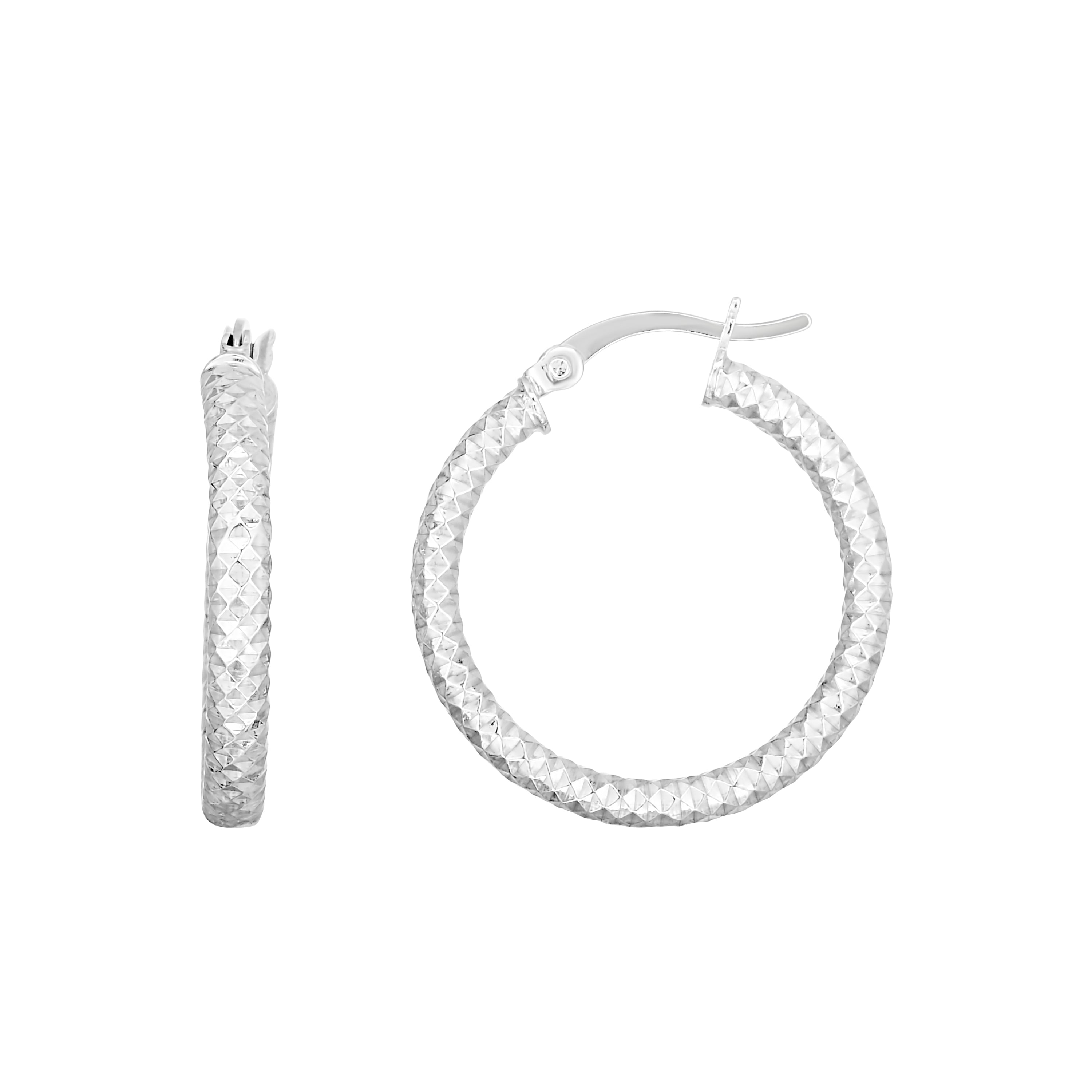 Sterling Silver 20Mm Linear Diamond Cut Hoop Earring With Hinge Closure