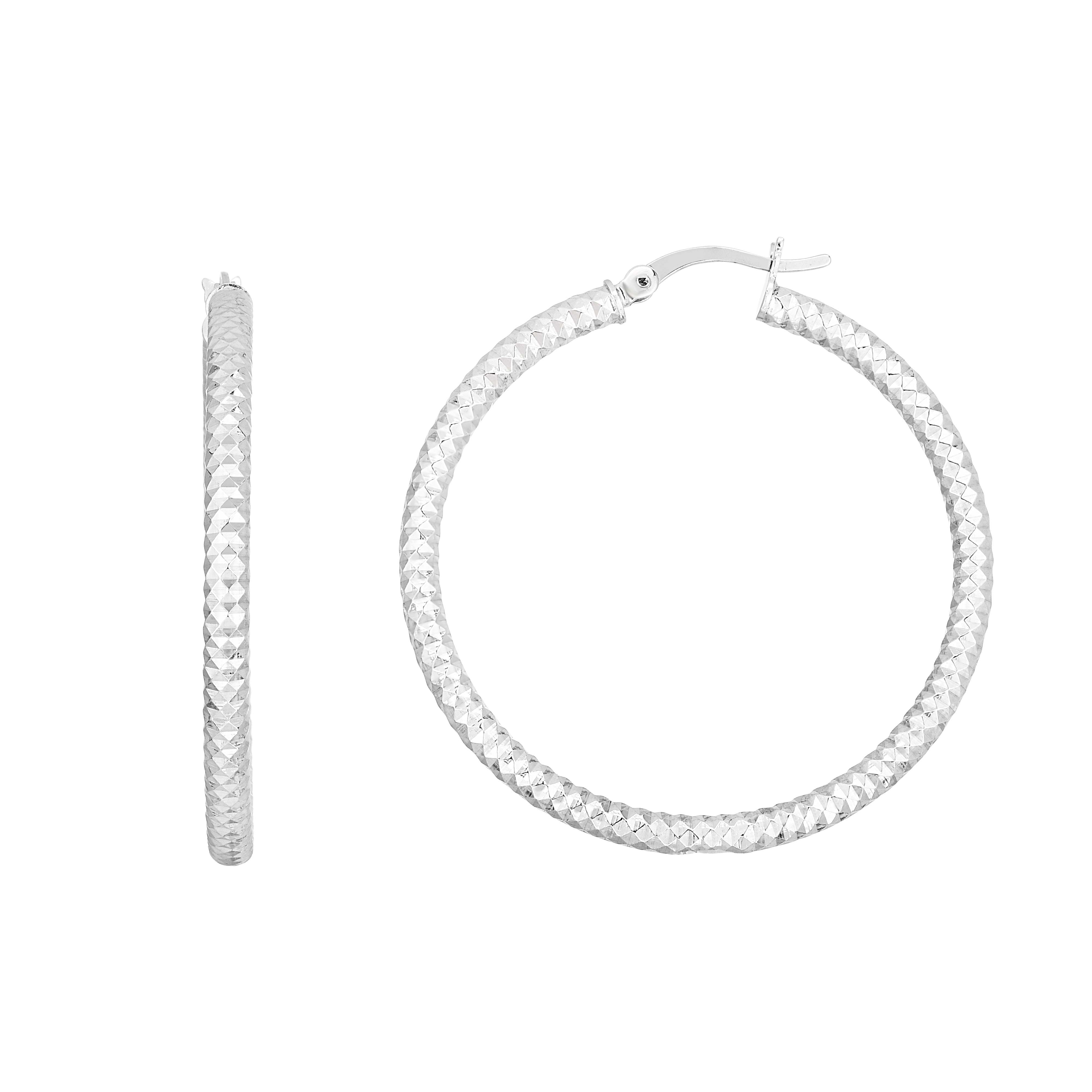 Sterling Silver 35mm Linear Diamond Cut Hoop Earring with Hinge Closure