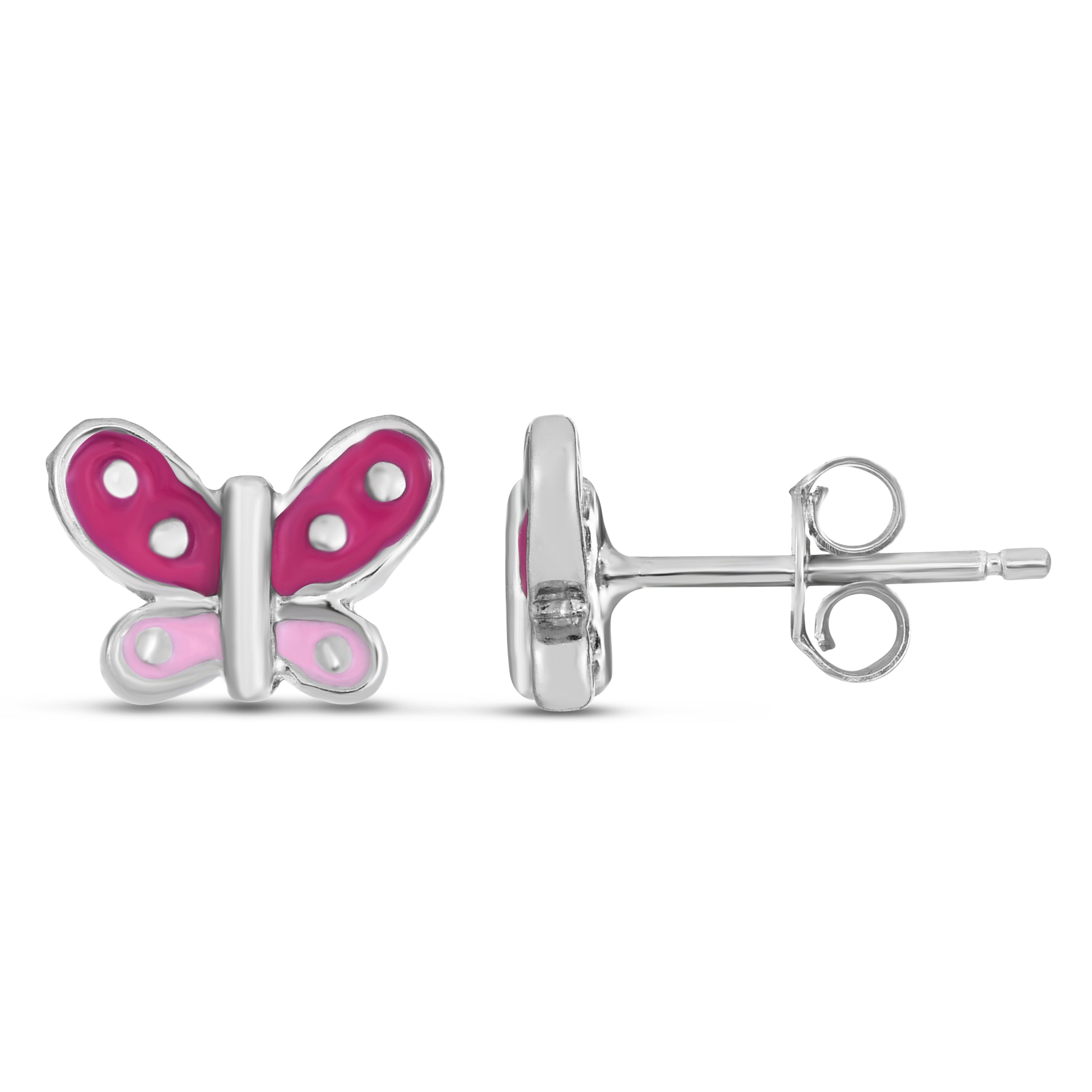 Sterling Silver Polished Enamel Butterfly Studs With Push Back Closure.