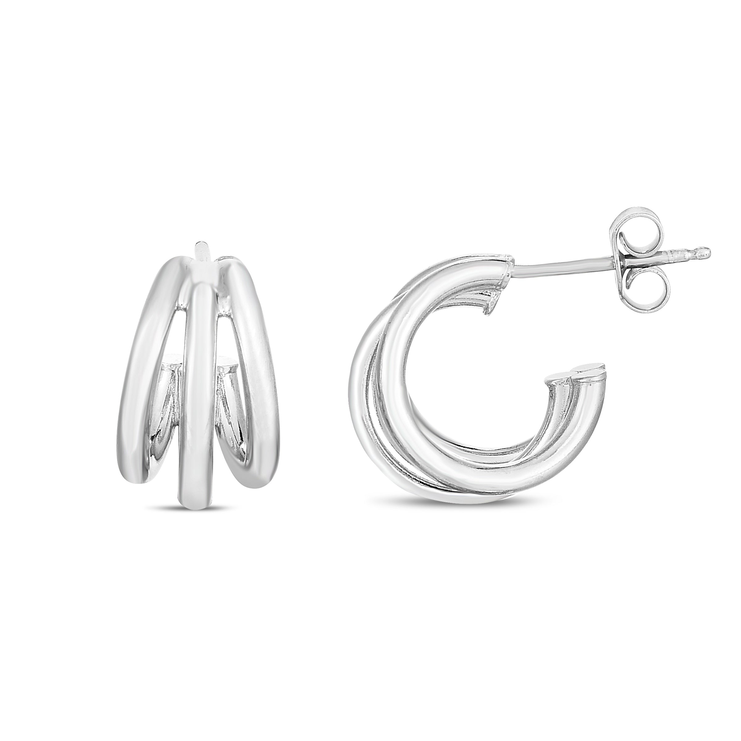Sterling Silver Polished Triple Row Hoops With Push Back Closure.